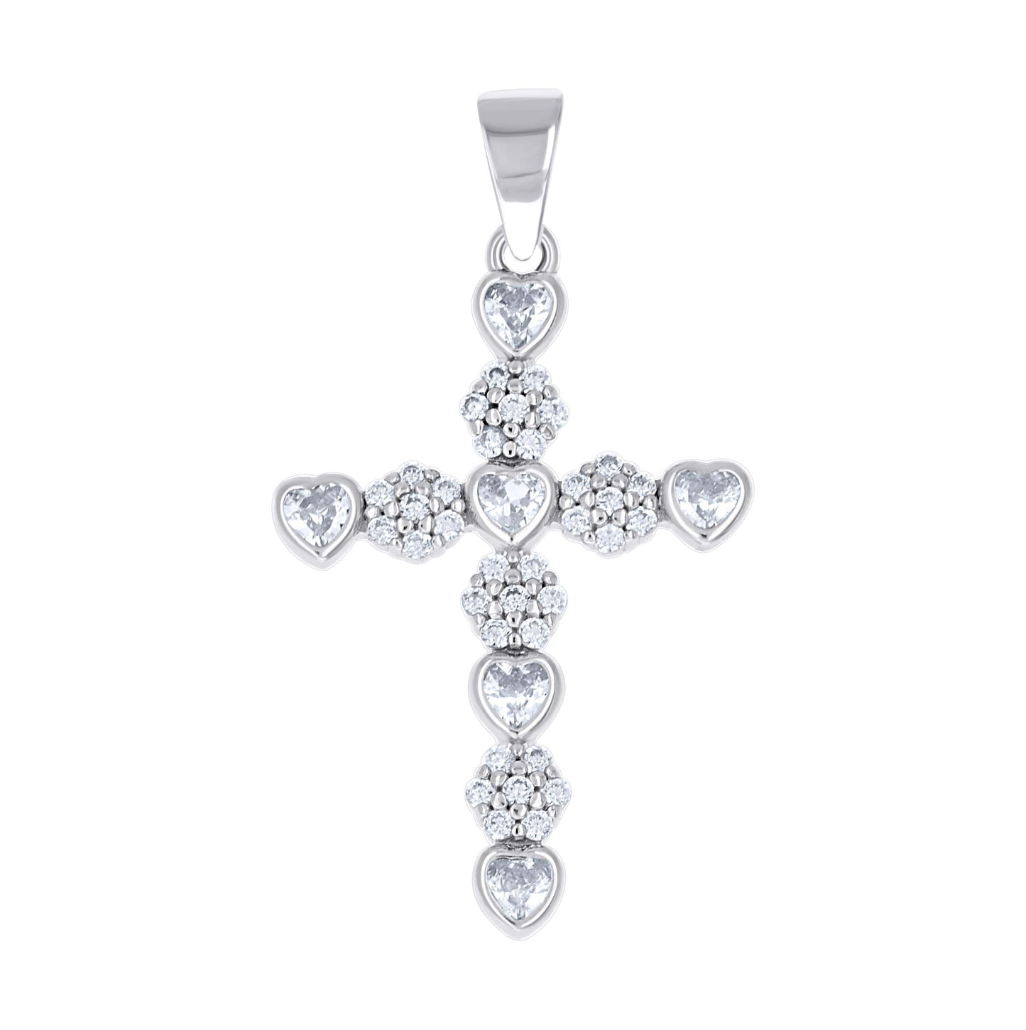Sterling Silver Womens Heart Round Cubic-Zirconia Heart Cross Religious Pendant