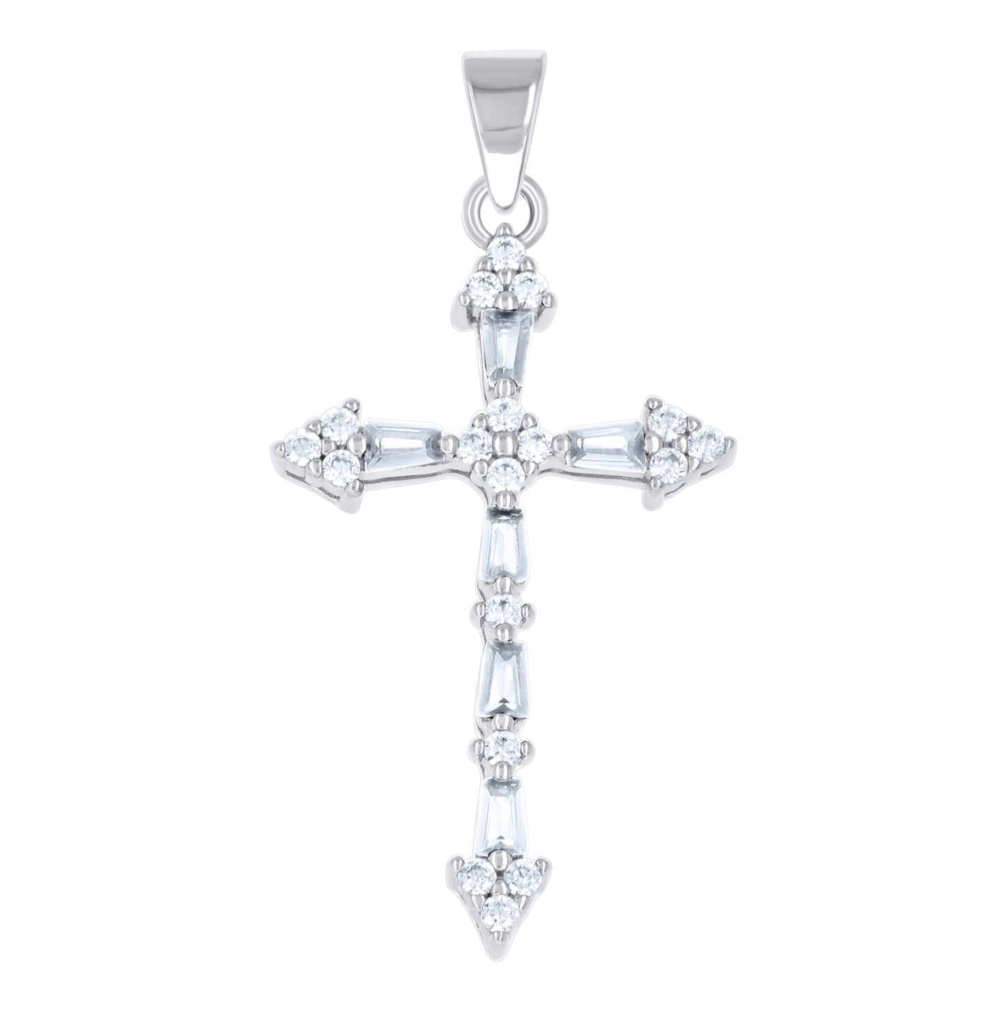 Sterling Silver Womens Green White Baguette Round Cubic-Zirconia Cross Religious Pendant