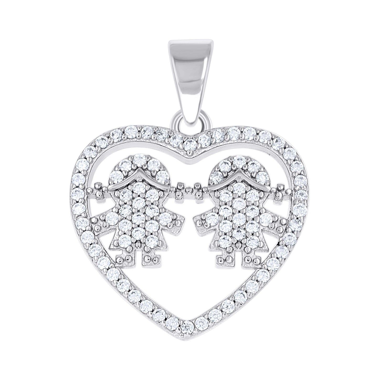 Sterling Silver Womens Cubic-Zirconia Girl & Girl Daughter & Daughter Heart Mom Pendant