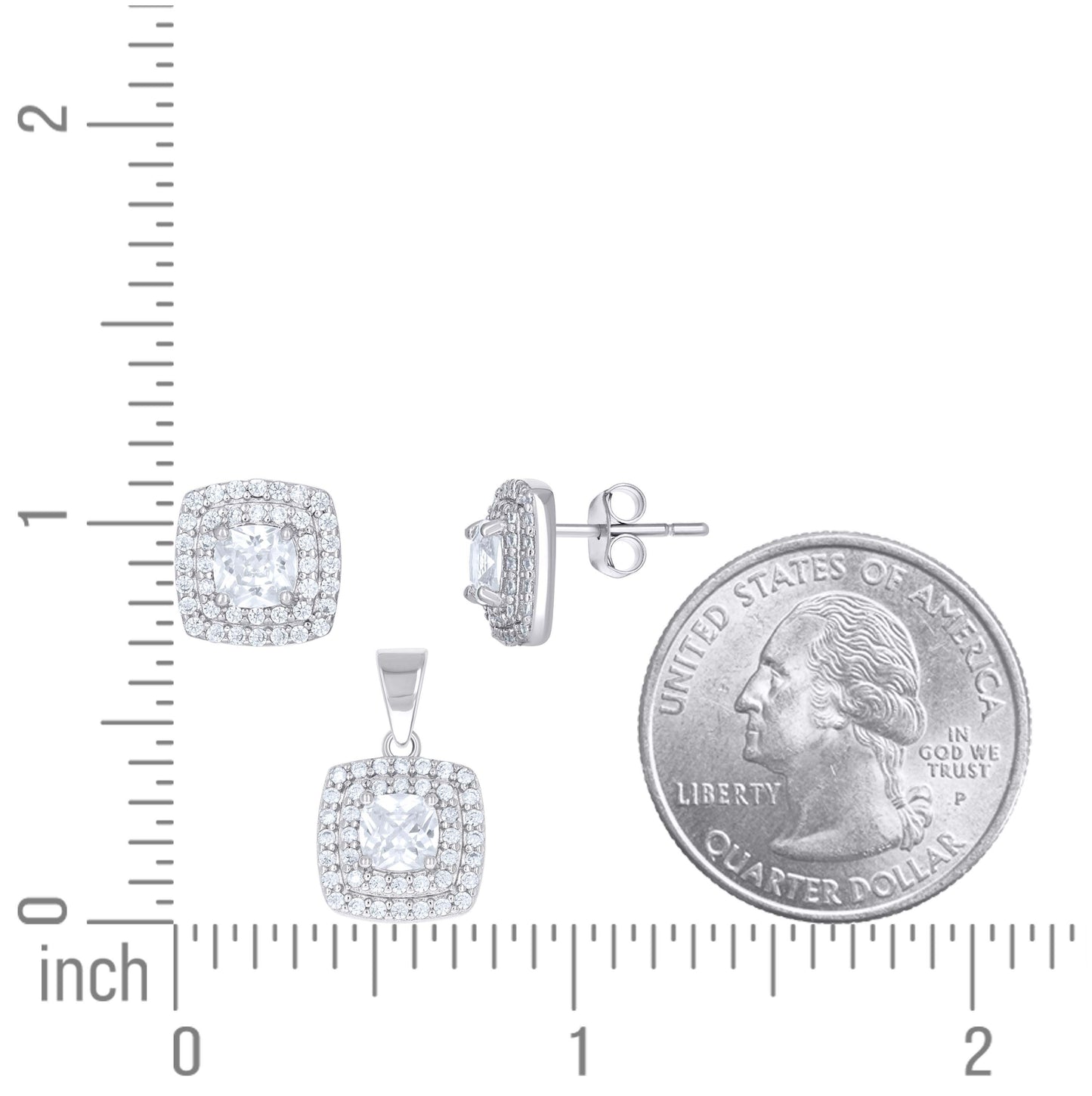 Sterling Silver Womens Cushion-Cut Round Cubic-Zirconia Square Fashion Earrings And Pendant Set