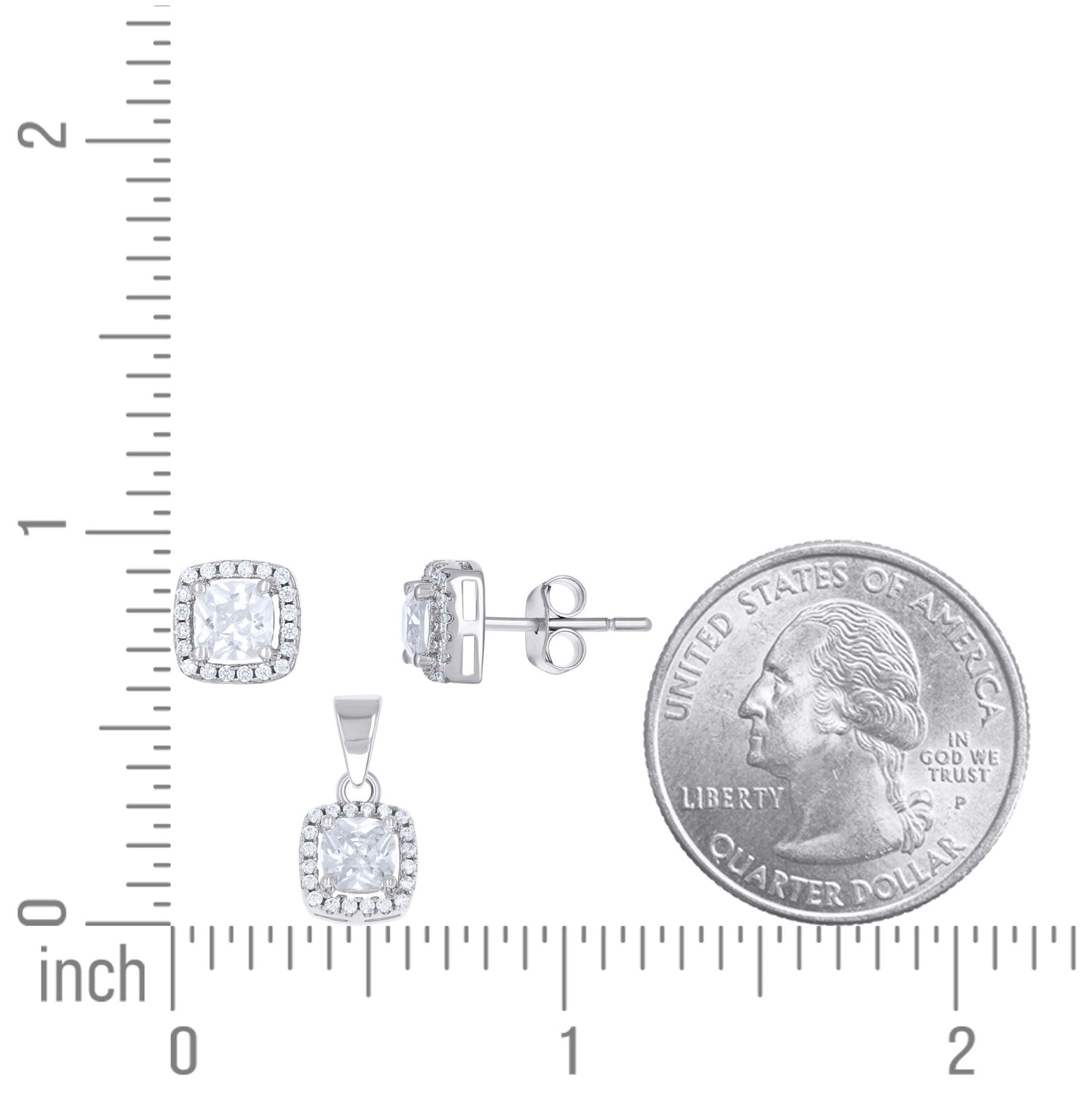 Sterling Silver Womens Cushion-Cut Round Cubic-Zirconia Halo Square Fashion Earrings And Pendant Set