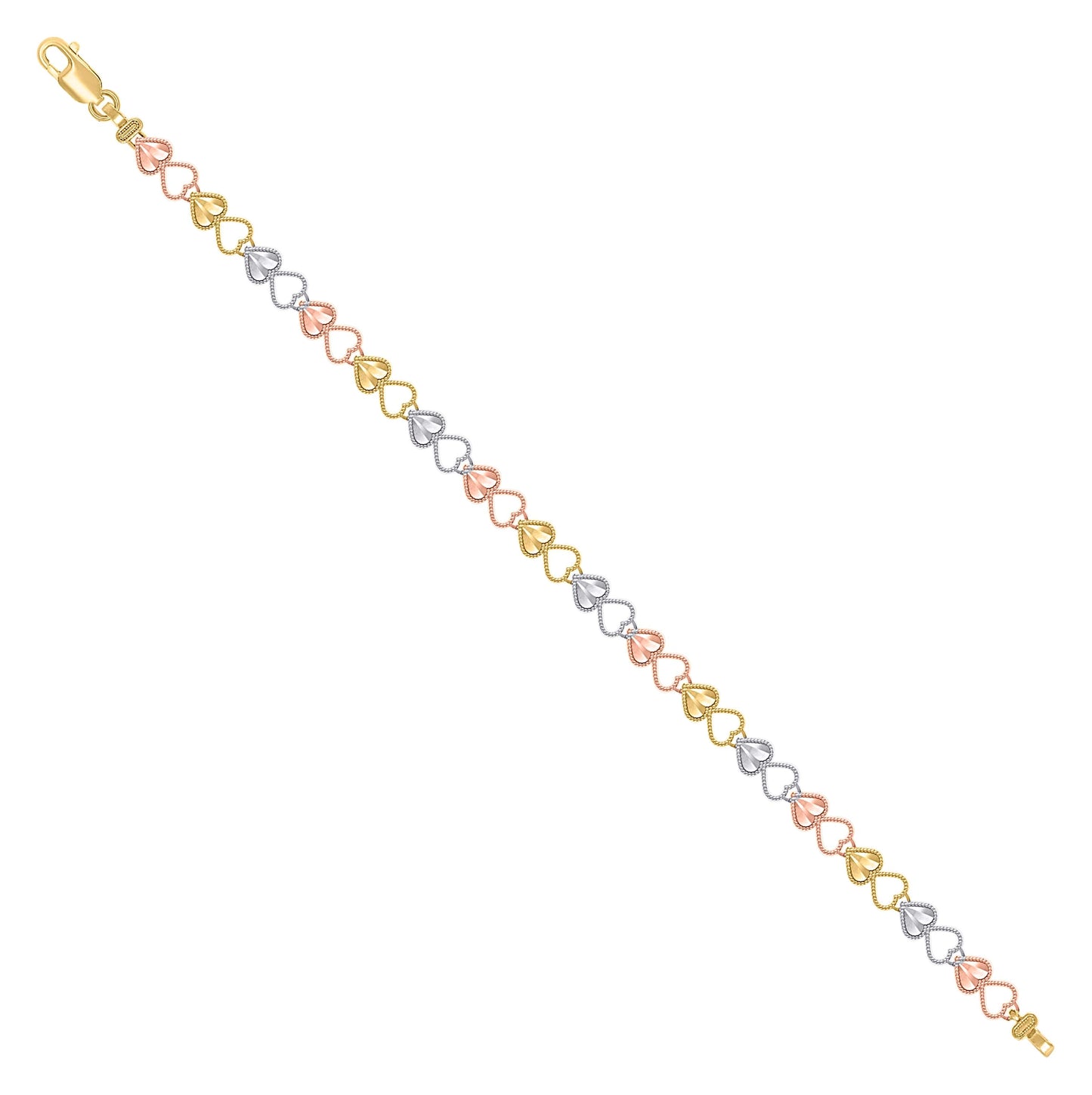 14K Tri-Color Gold Womens Hearts Link Bracelet Size 7.5 Inches