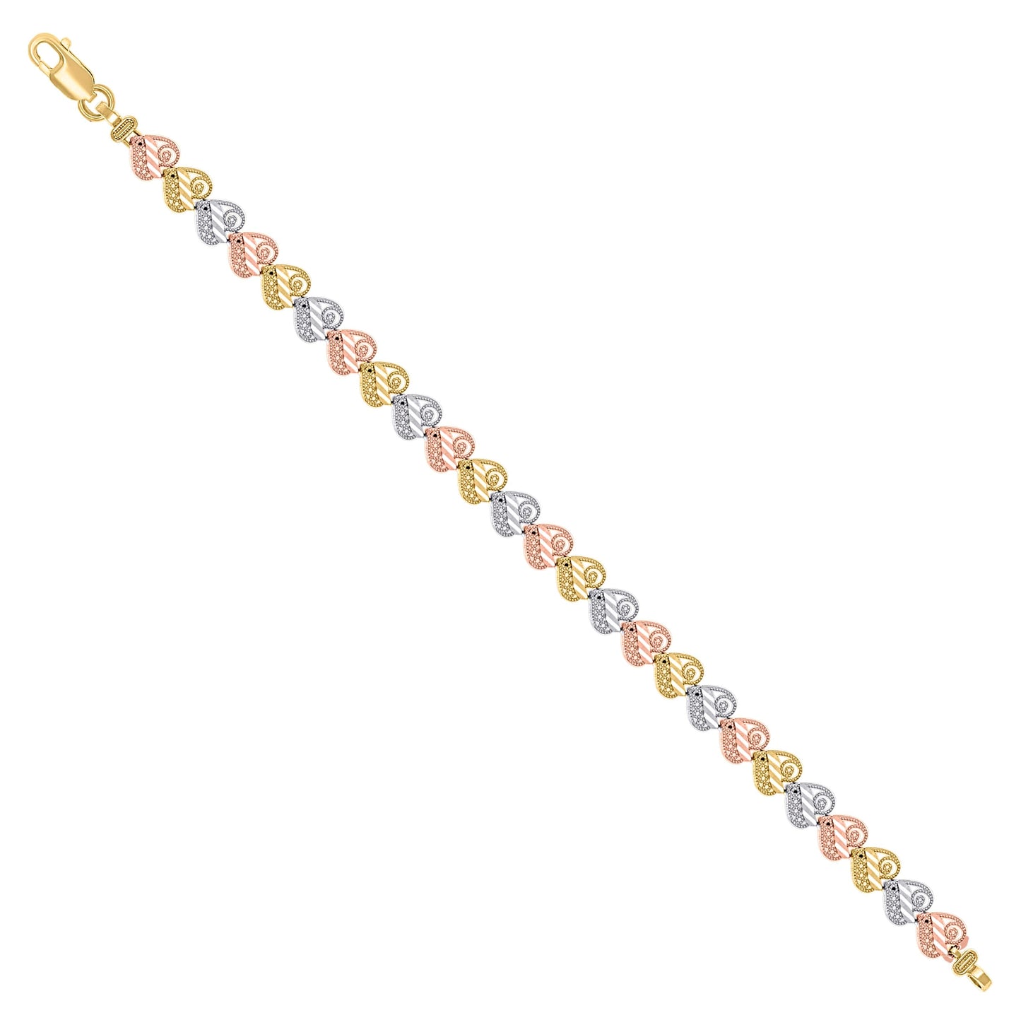 14K Tri-Color Gold Womens Hearts Link Bracelet Size 7.5 Inches