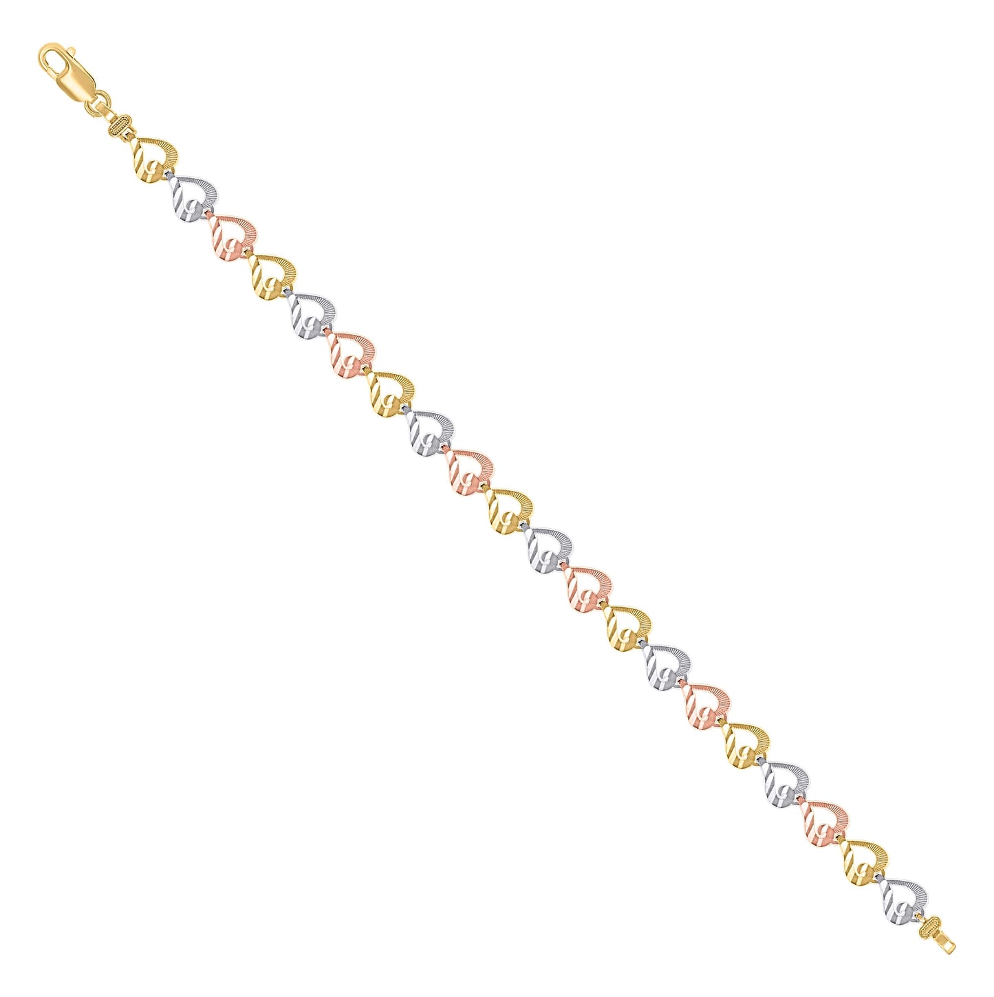 14K Tri-Color Gold Womens Hearts Link Bracelet Size 7.5 Inches
