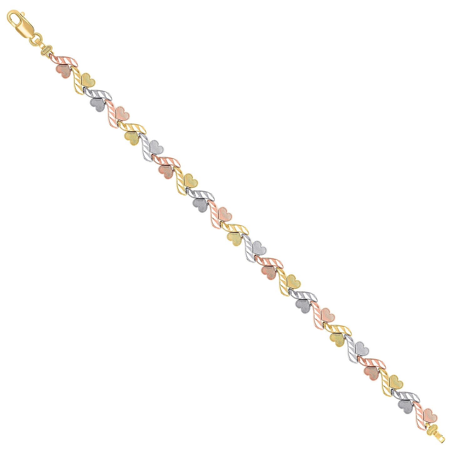 14K Tri-Color Gold Womens Waves Hearts Link Bracelet Size 7.5 Inches