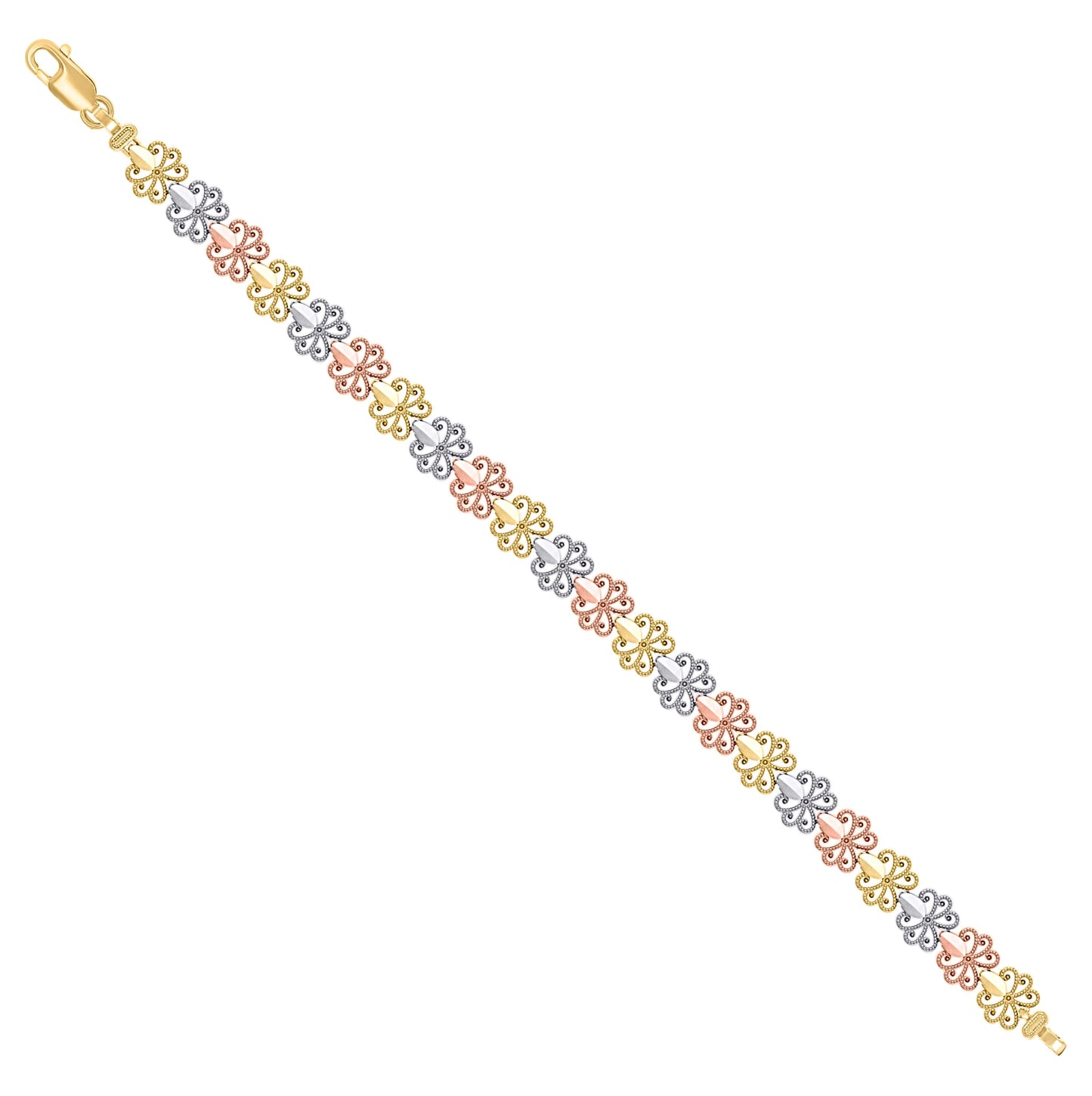 14K Tri-Color Gold Womens Flower Fashion Link Bracelet Size 7 Inches