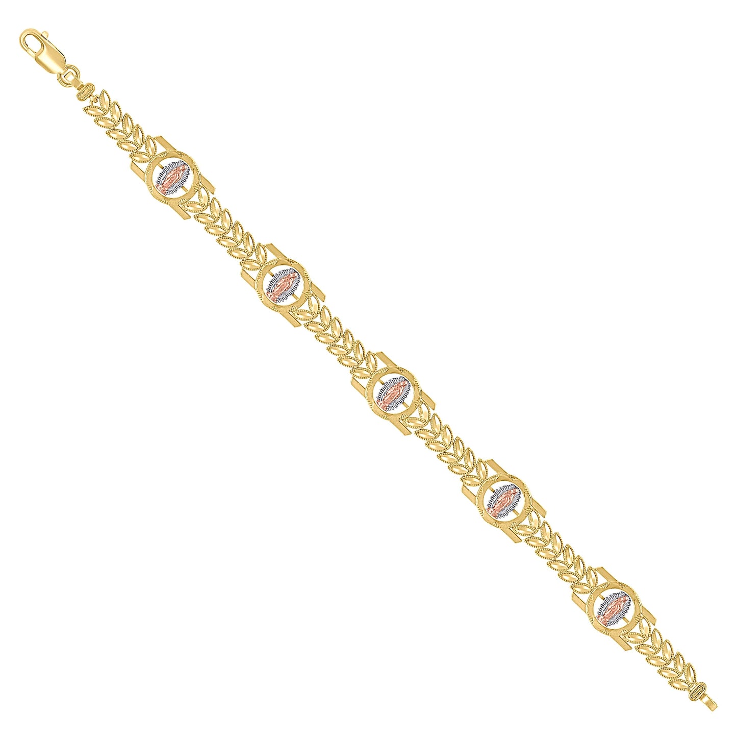14K Tri-Color Gold Womens Leaf Motif Virgin Mary Guadalupe Religious Link Bracelet Size 7.5 Inches