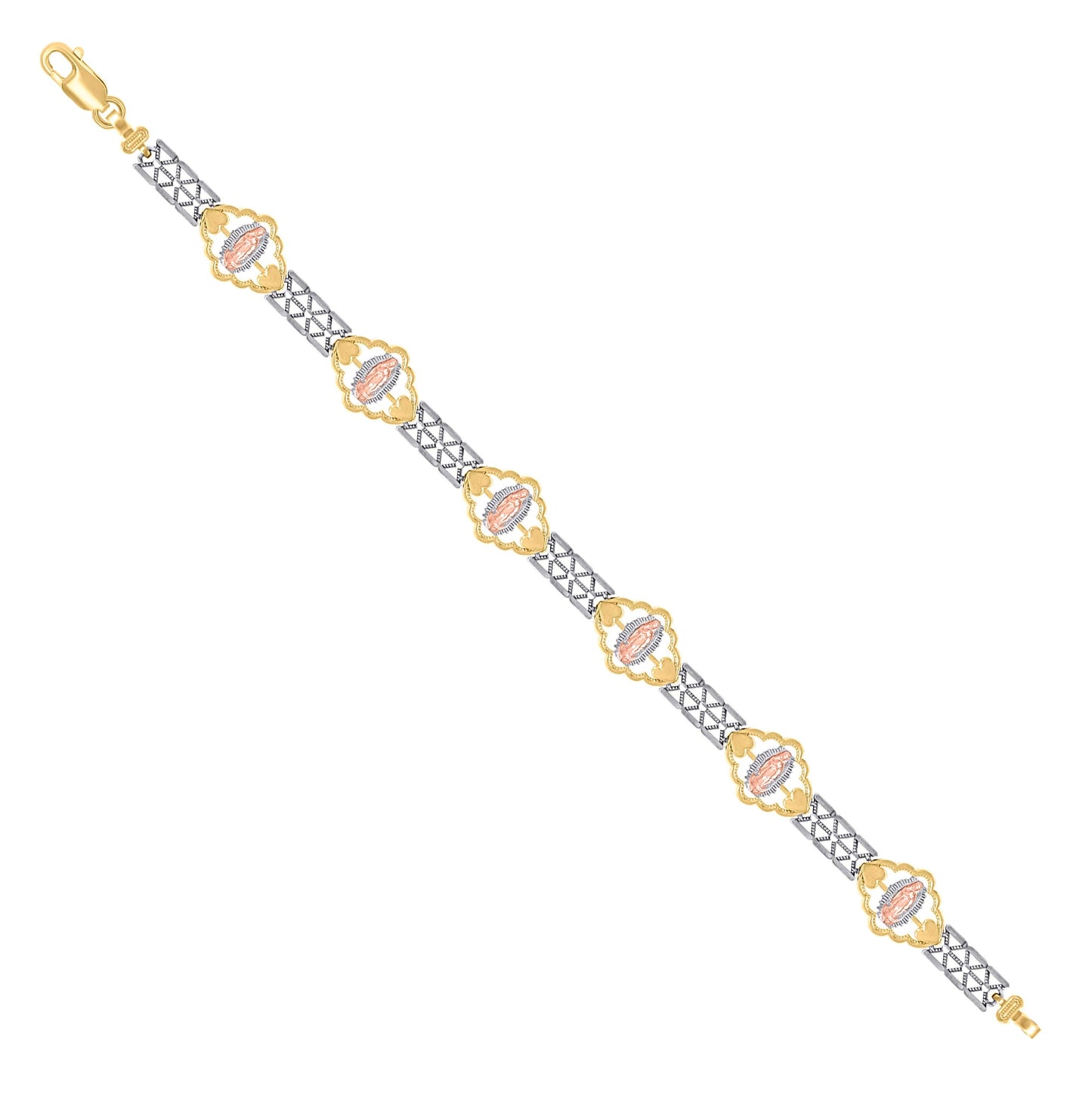 14K Tri-Color Gold Womens Virgin Mary Guadalupe Religious Link Bracelet Size 7 Inches
