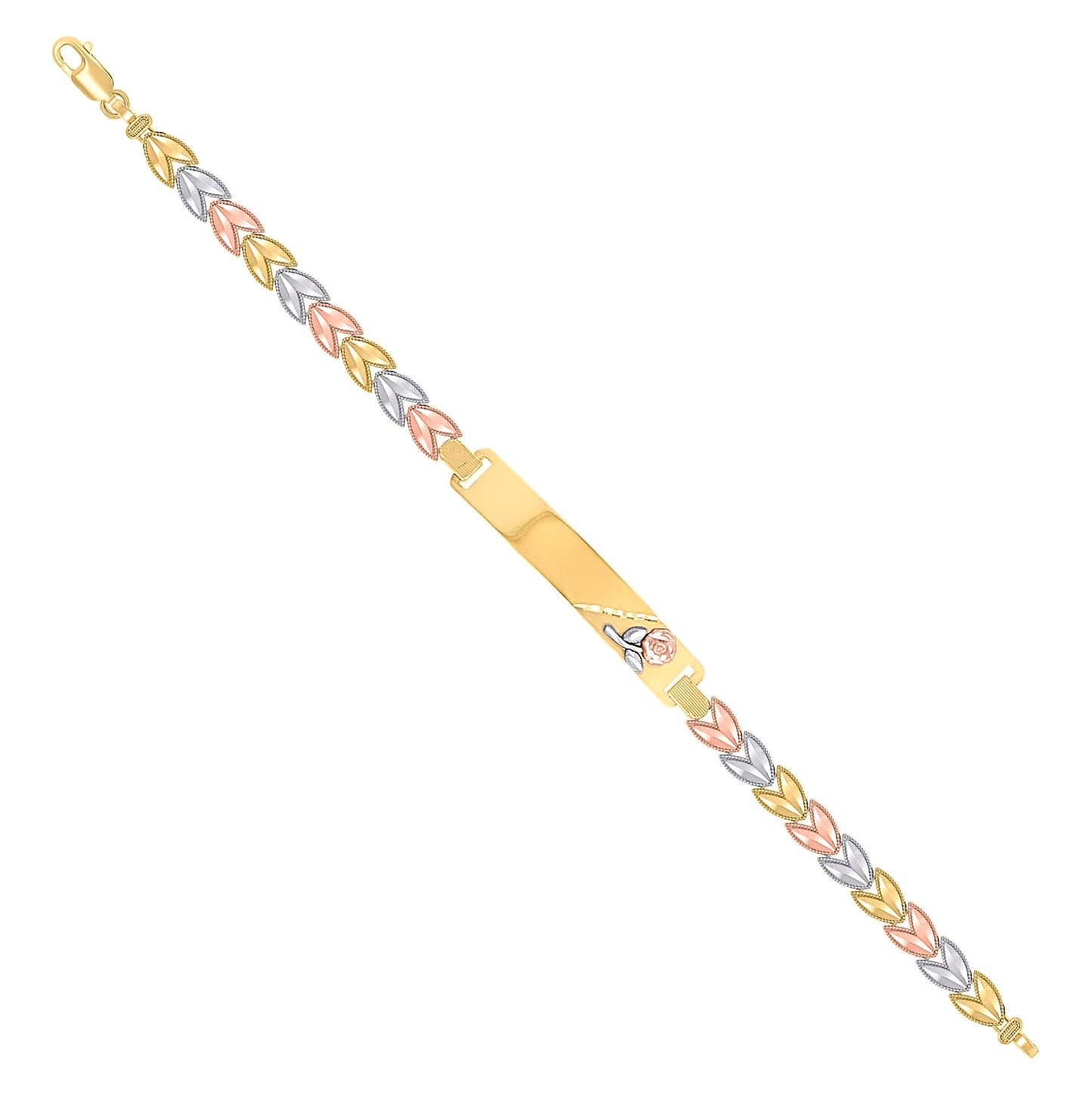 14K Tri-Color Gold Womens Flower Fashion ID Bracelet Size 7.5 Inches