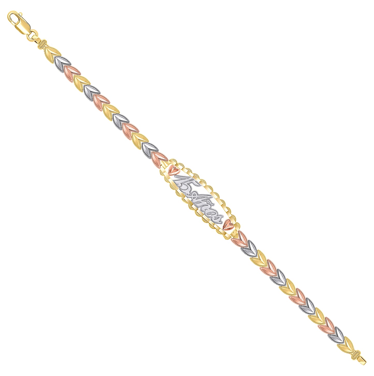 14K Tri-Color Gold Womens 15 Anos Quinceanera Charm Bracelet Size 7.5 Inches