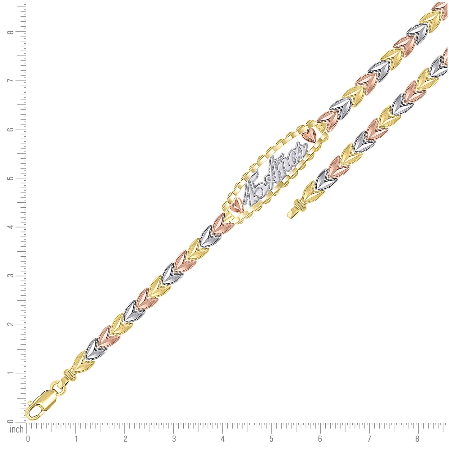 14K Tri-Color Gold Womens 15 Anos Quinceanera Charm Bracelet Size 7.5 Inches