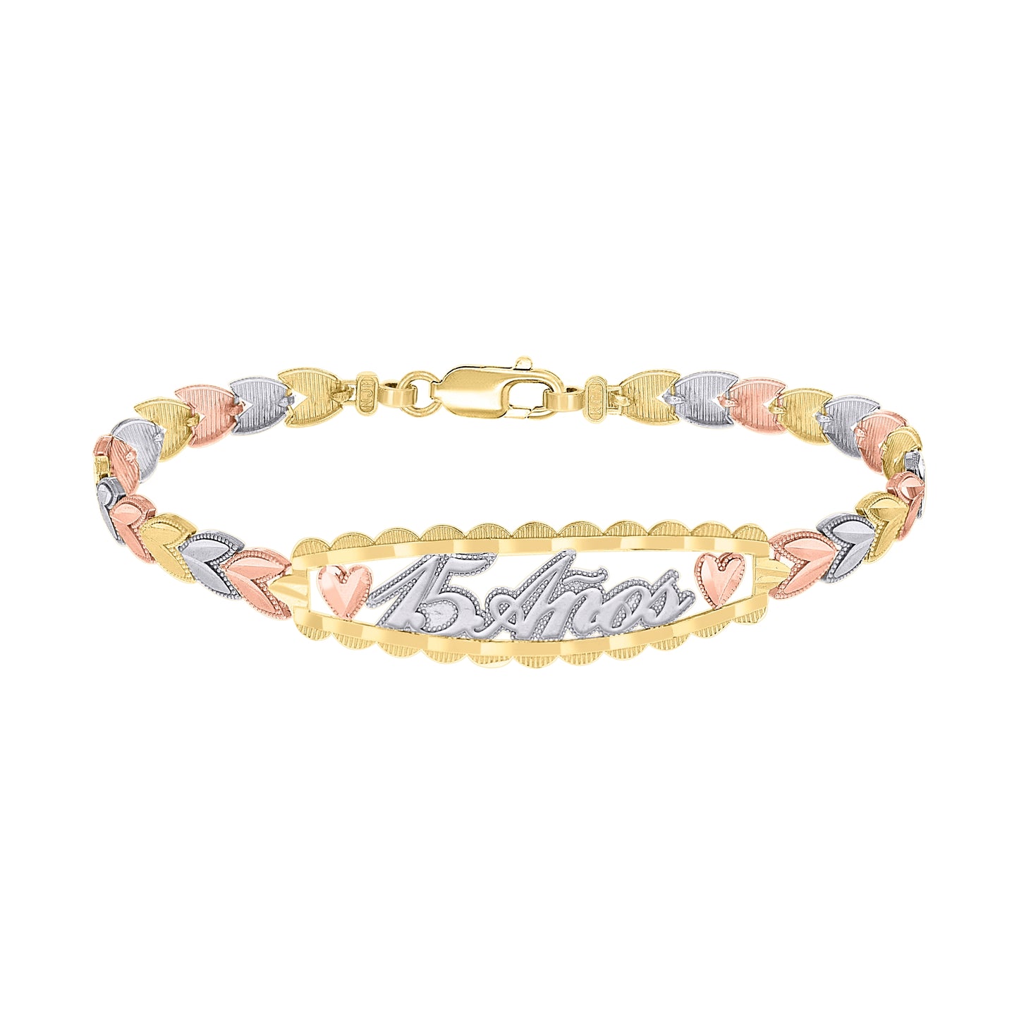 14K Tri-Color Gold Womens 15 Anos Quinceanera Charm Bracelet Size 7.5 Inches