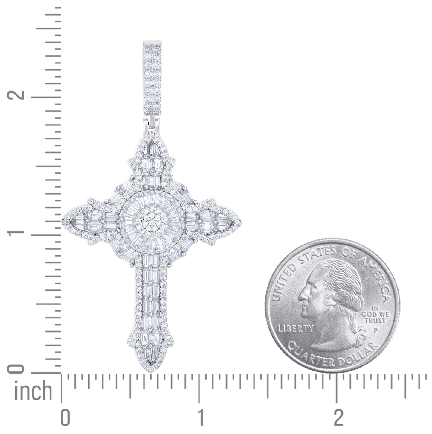 Sterling Silver Mens Round Baguette Cubic-Zirconia Cross Religious Charm Pendant