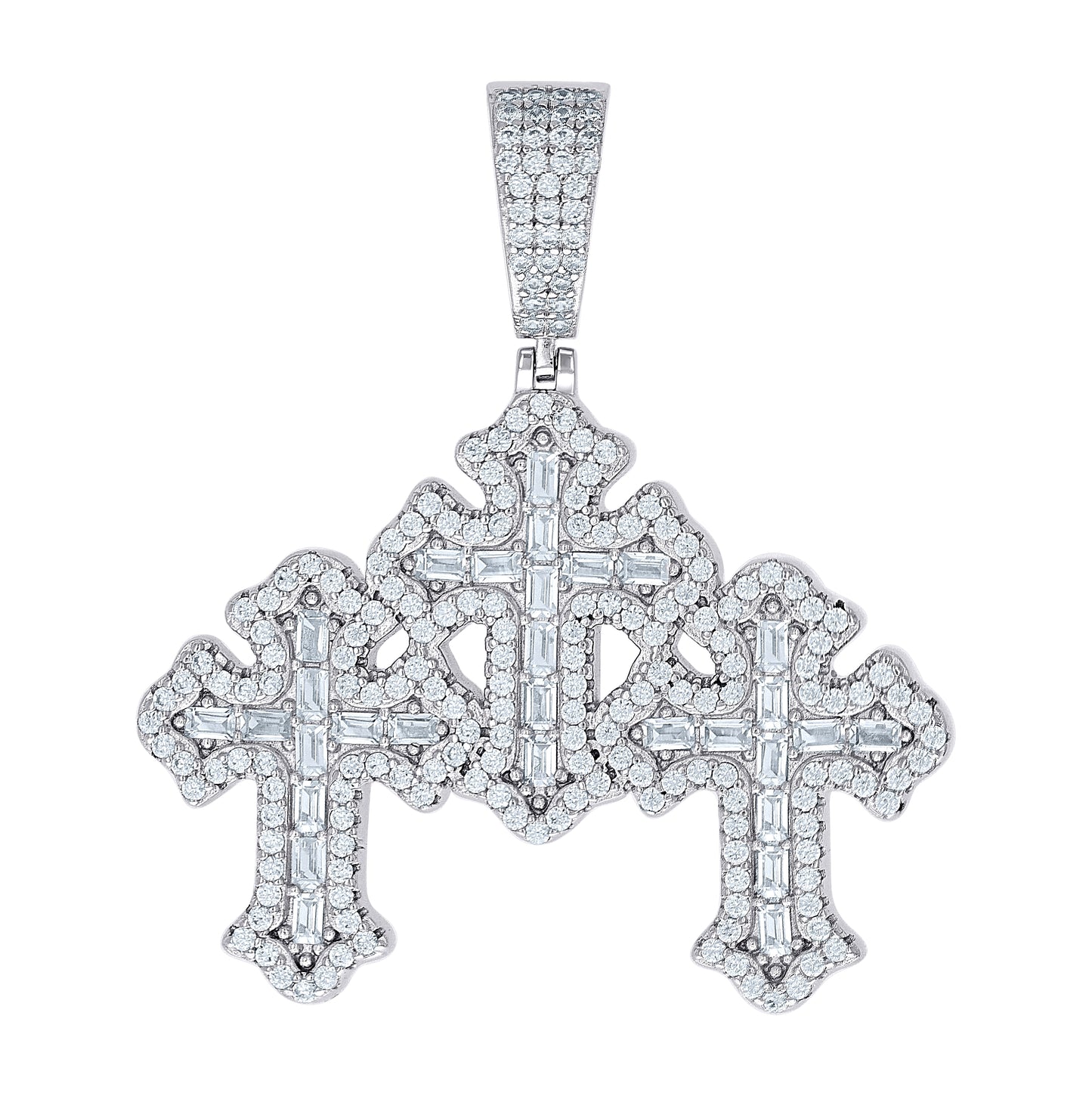 Sterling Silver Mens Round Baguette Moissanite Triple Cross Religious Charm Pendant