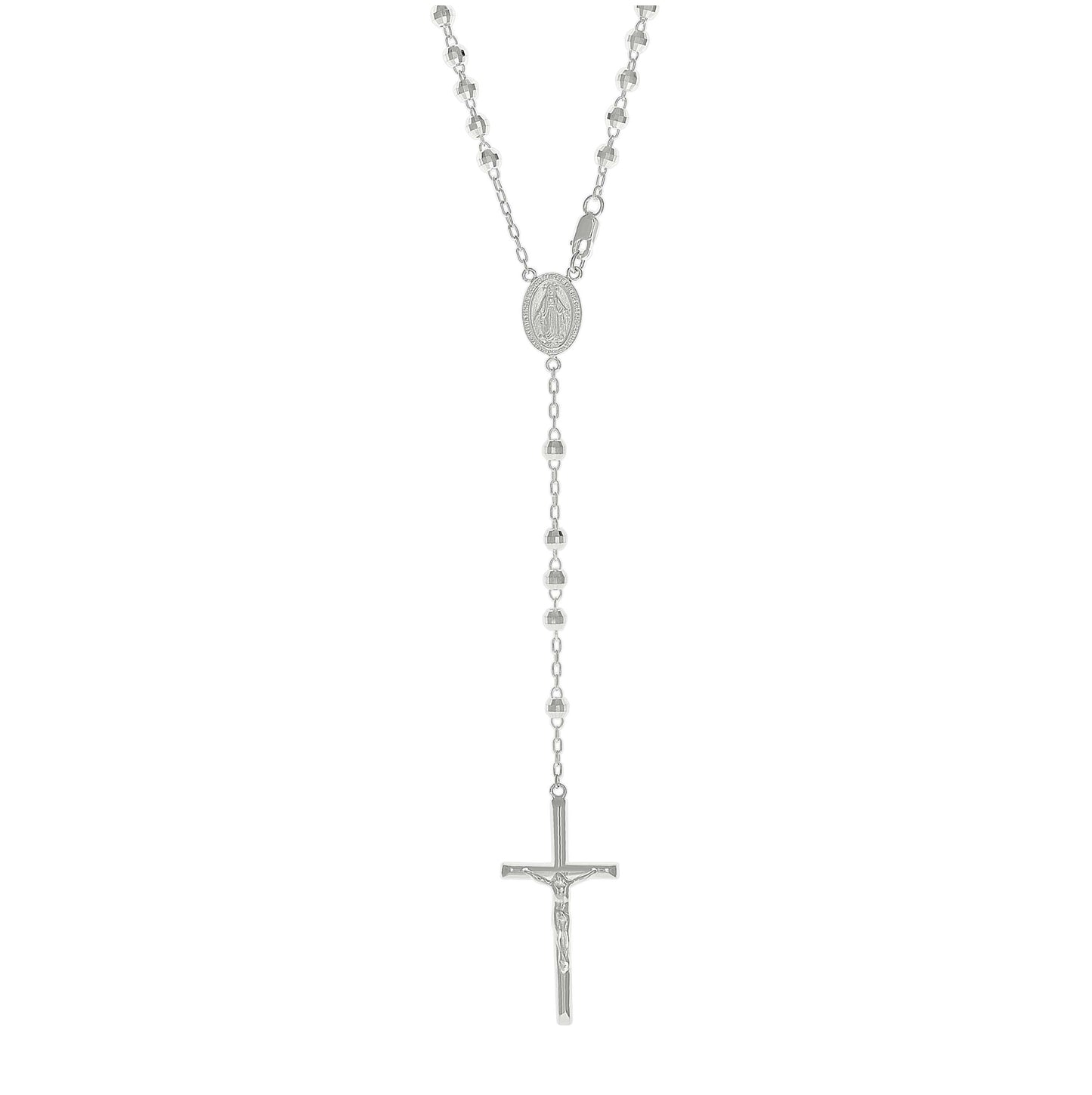Sterling Silver Rhodium Plated Unisex Guadalupe Crucifix Cross Religious Rosary Necklace 4Mm