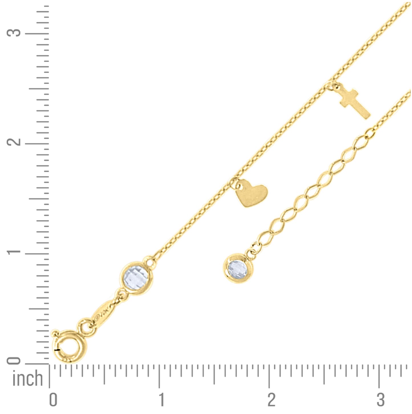 10K Or 14K Yellow Gold Womens Cubic-Zirconia Heart Cross Charms Chain Anklet Size 10 Inches