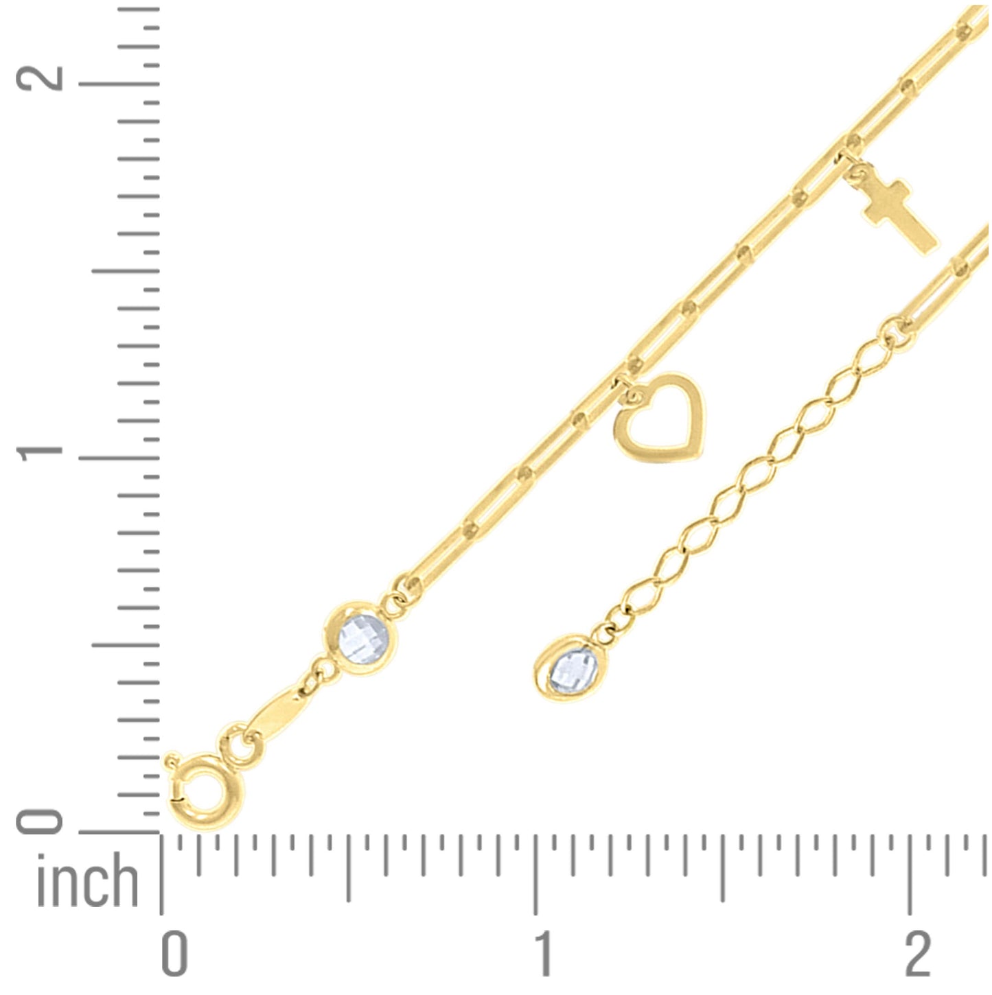 14K Yellow Gold Womens Cubic-Zirconia Heart Cross Charms Bracelet Size 8 Inches