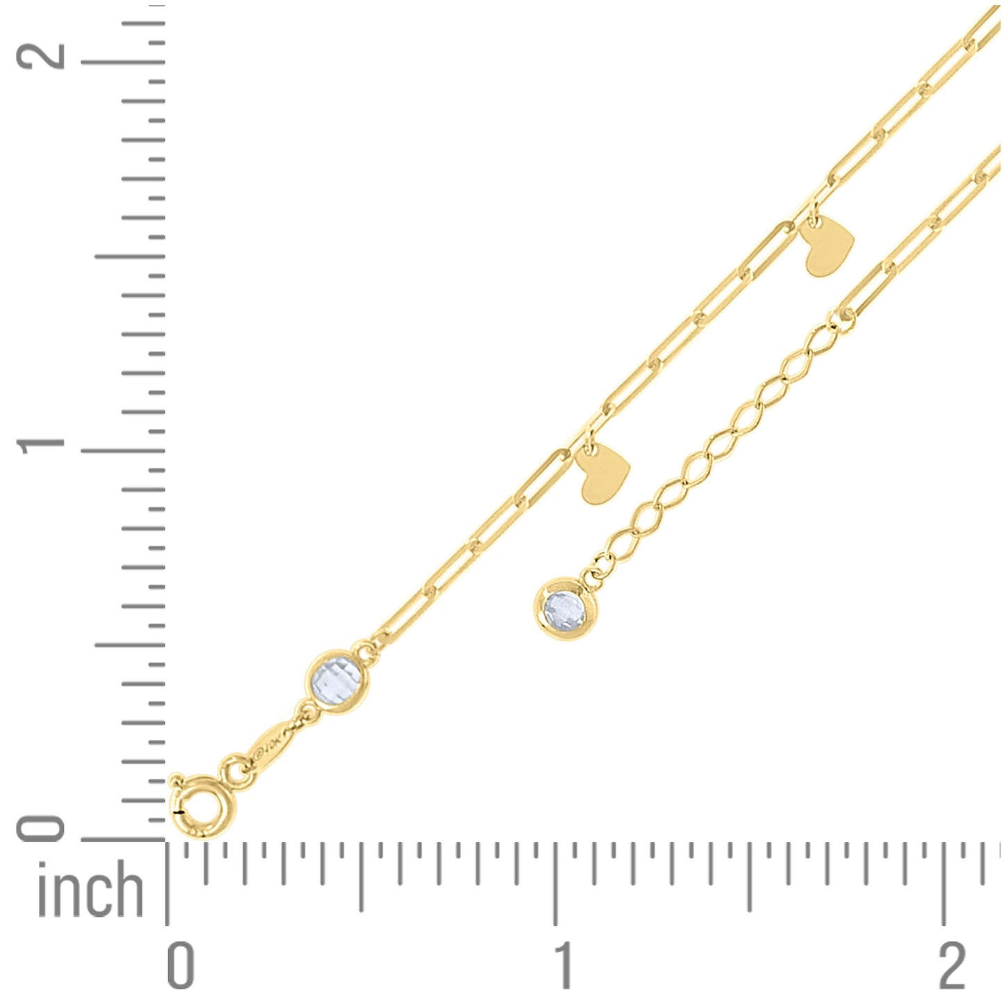 14K Yellow Gold Womens Cubic-Zirconia Heart Charms Bracelet Size 8 Inches