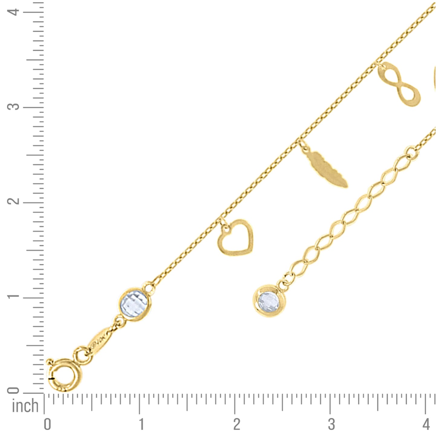 10K Or 14K Yellow Gold Womens Cubic-Zirconia Heart/Infinity/Feather Charms Chain Anklet Size 10 Inches
