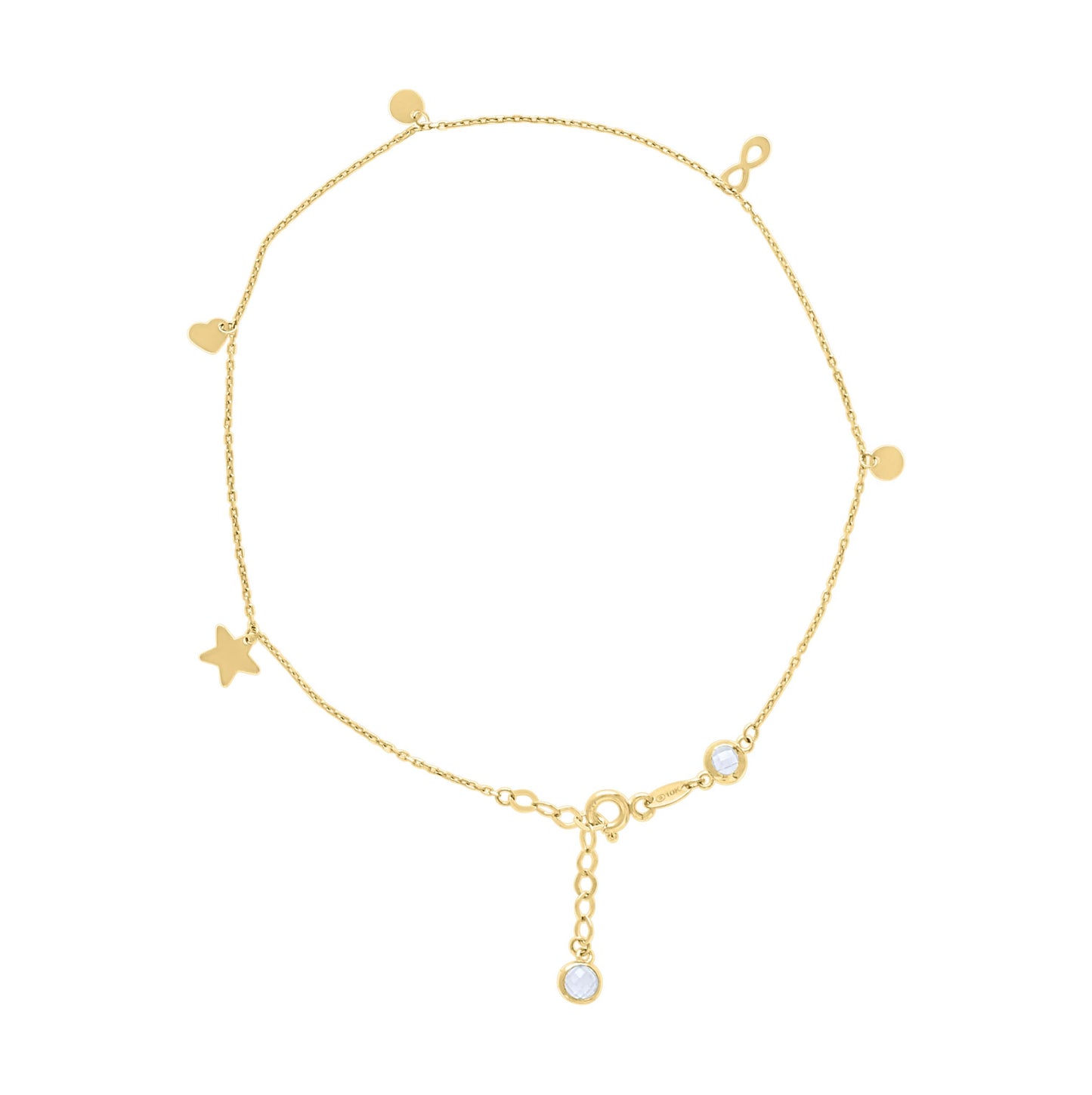 10K Or 14K Yellow Gold Womens Cubic-Zirconia Infinity Heart Star Charms Chain Anklet Size 10 Inches