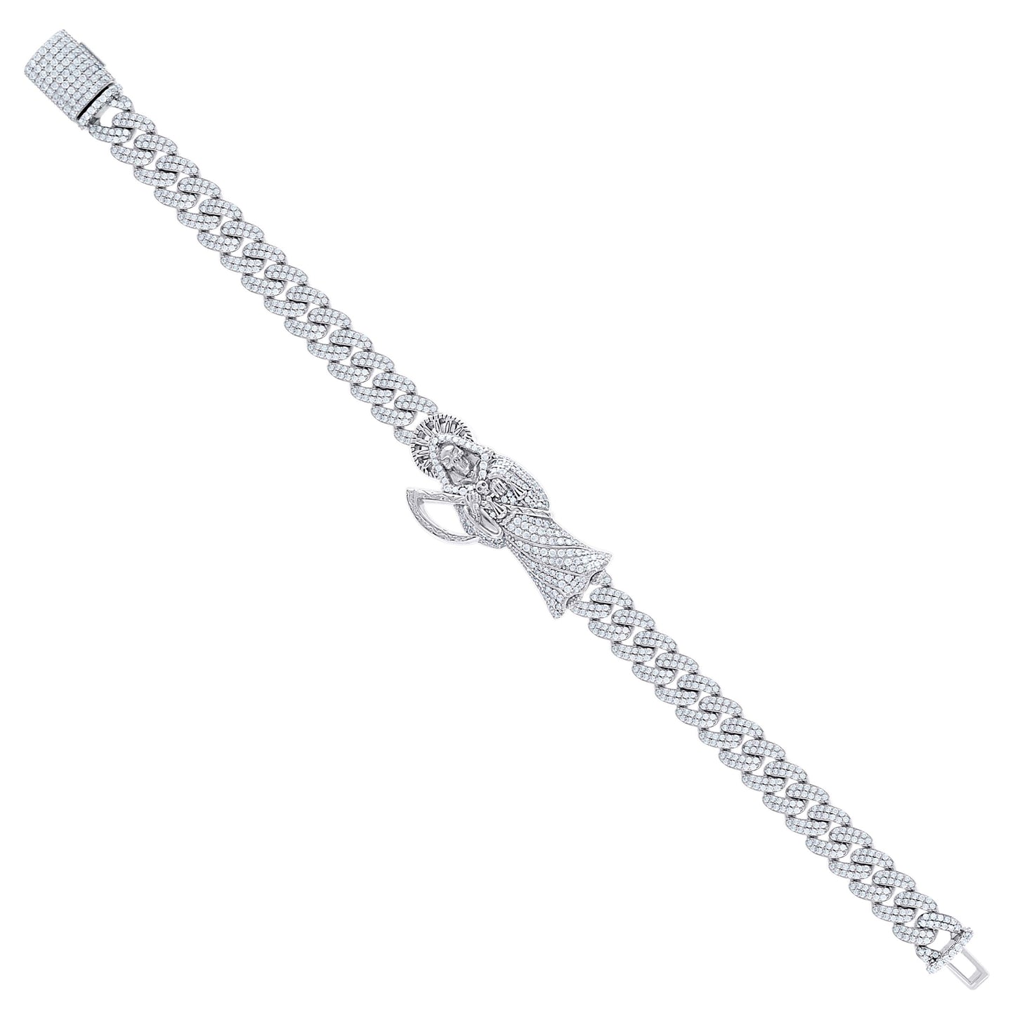 Sterling Silver Mens Moissanite Grim Reaper Death Angel Religious Charm Bracelet 8.5 Inches