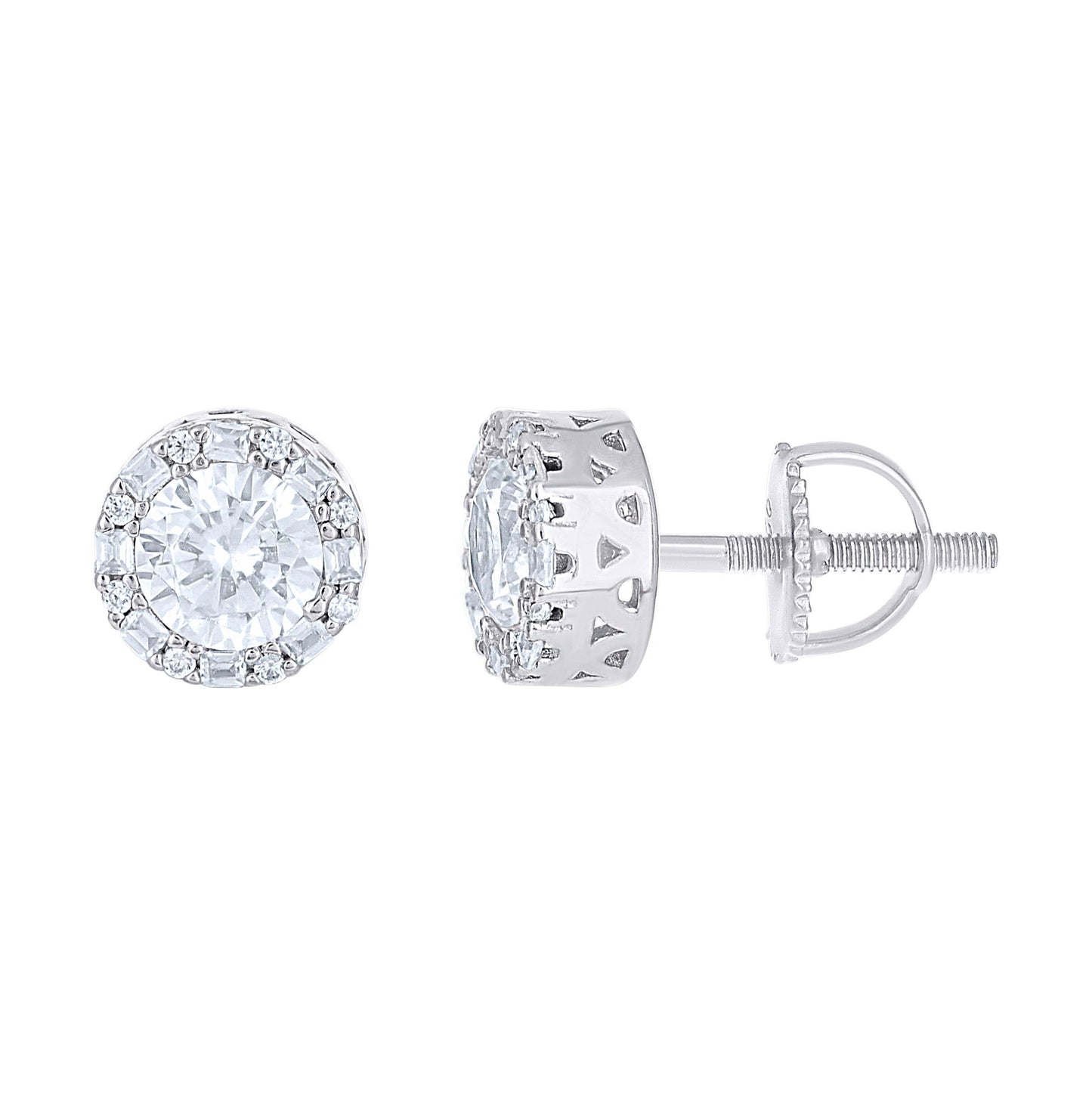 Sterling Silver Womens Round Baguette Moissanite Round Fashion Stud Earrings