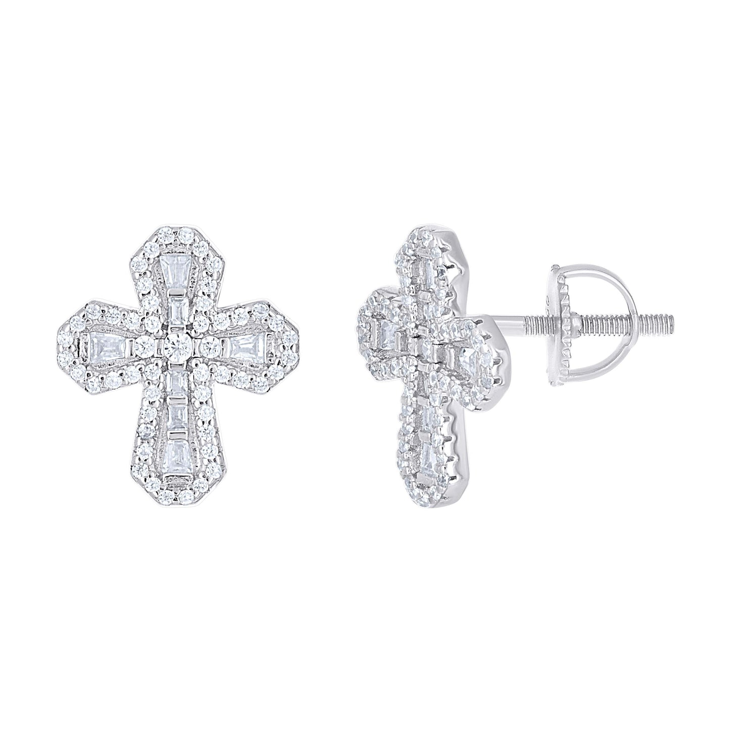Sterling Silver Unisex Round Baguette Moissanite Cross Religious Stud Earrings