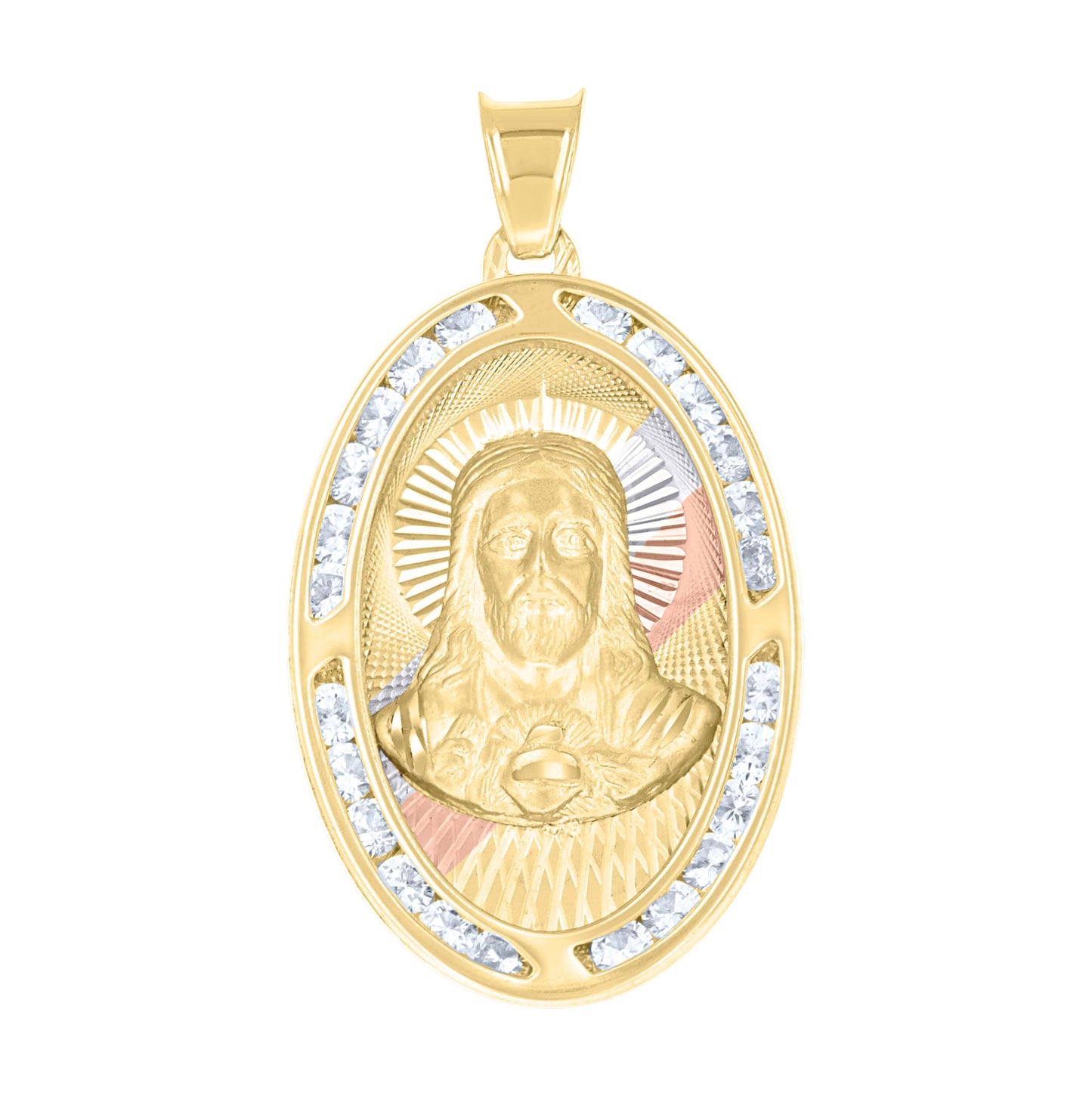14K Tri-Color Gold Unisex Cubic-Zirconia Jesus Religious Pendant