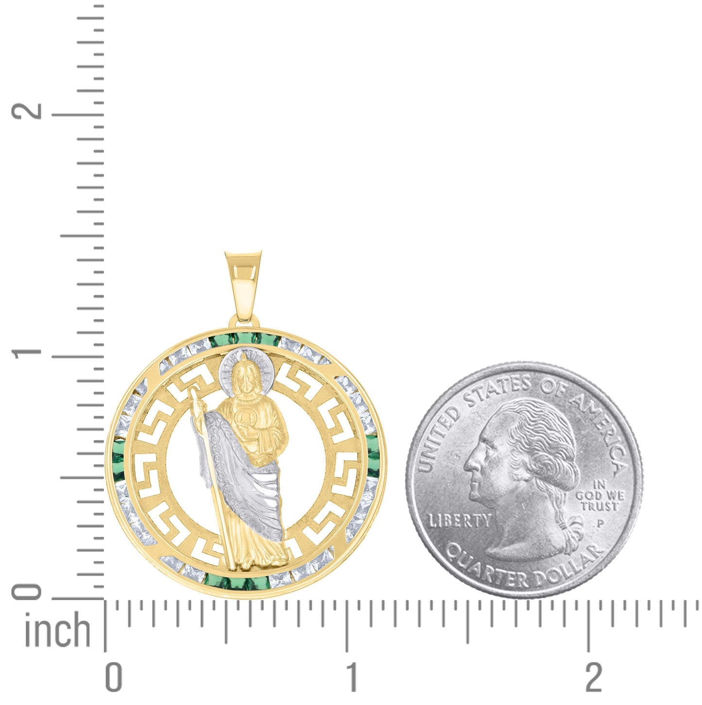 14K Yellow Gold Unisex Green White Princess-Cut Cubic-Zirconia St. Jude Religious Pendant