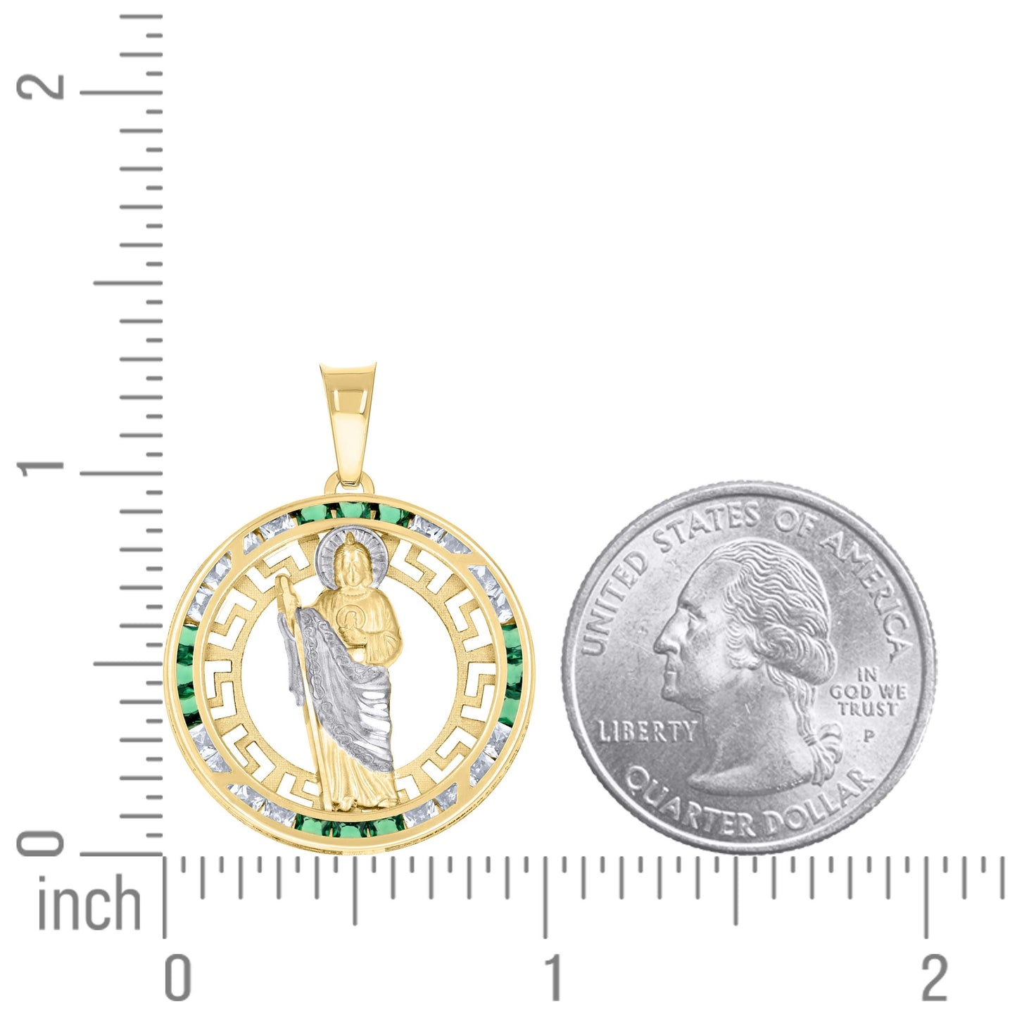 14K Yellow Gold Unisex Green White Princess-Cut Cubic-Zirconia St. Jude Religious Pendant