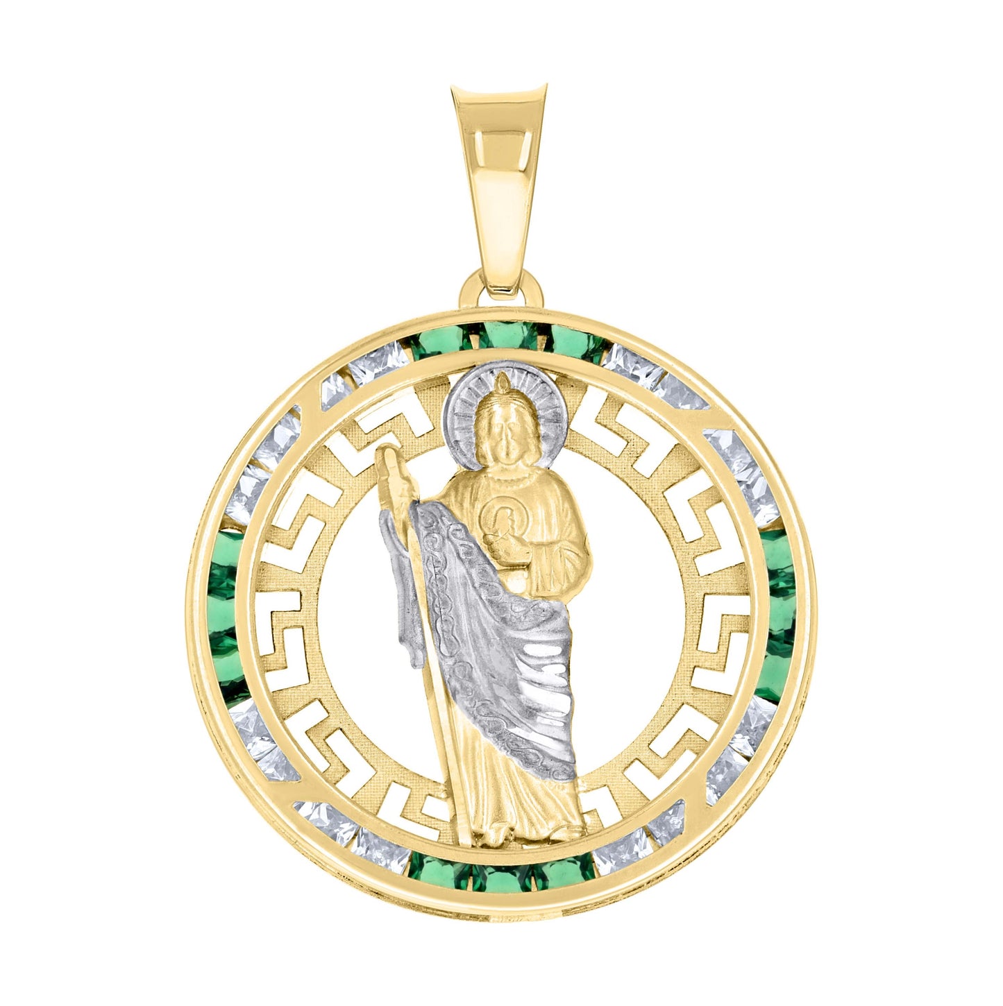 14K Yellow Gold Unisex Green White Princess-Cut Cubic-Zirconia St. Jude Religious Pendant