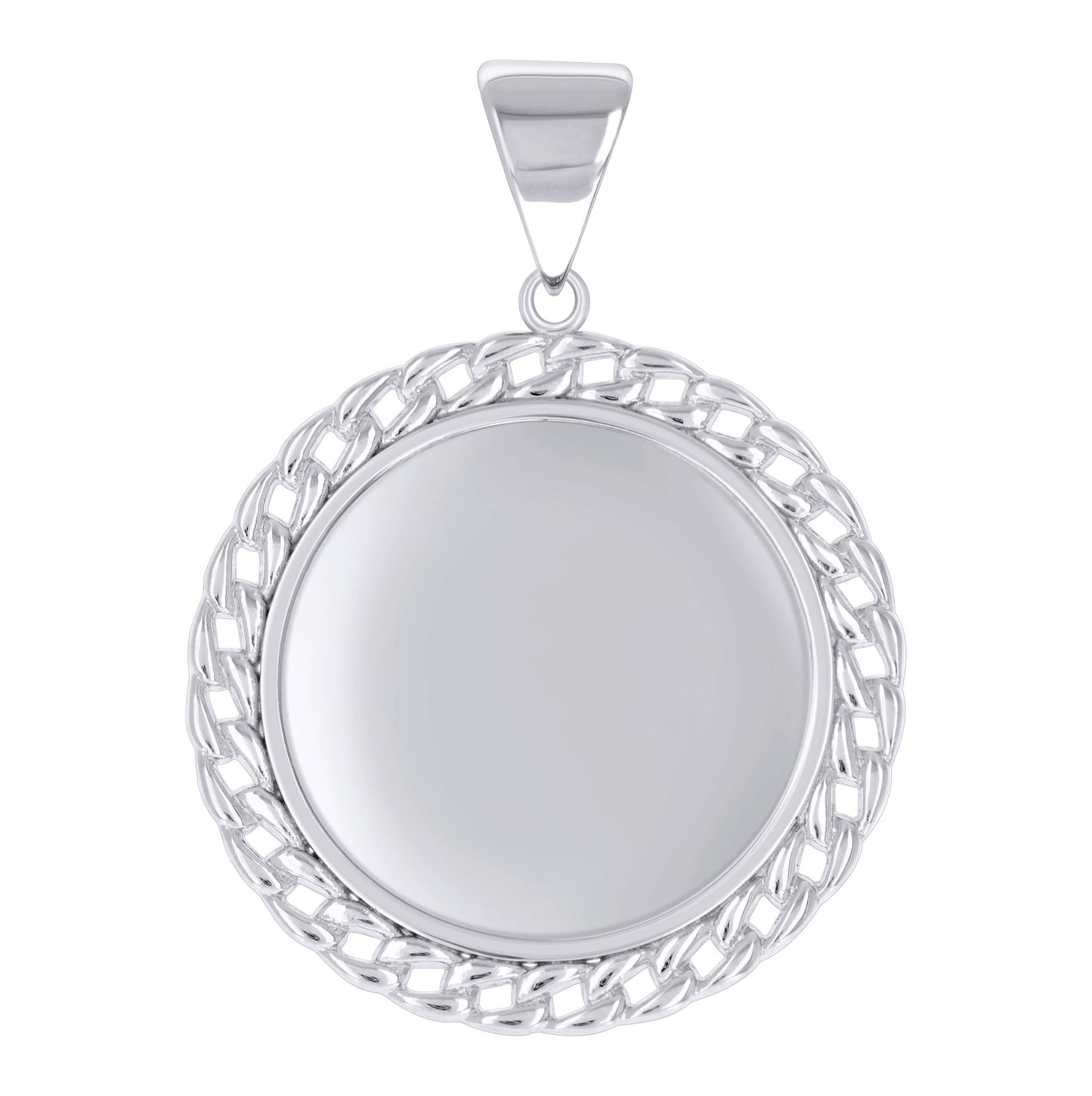 Sterling Silver Unisex Cuban Border Memory Circle Photo Frame Pendant
