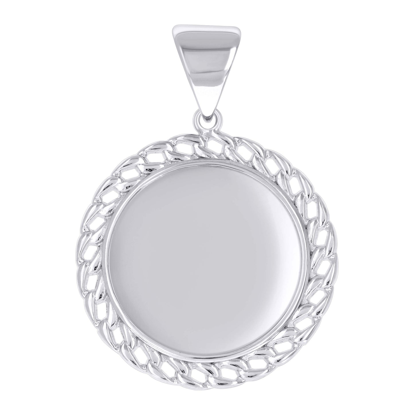 Sterling Silver Unisex Cuban Border Memory Circle Photo Frame Pendant