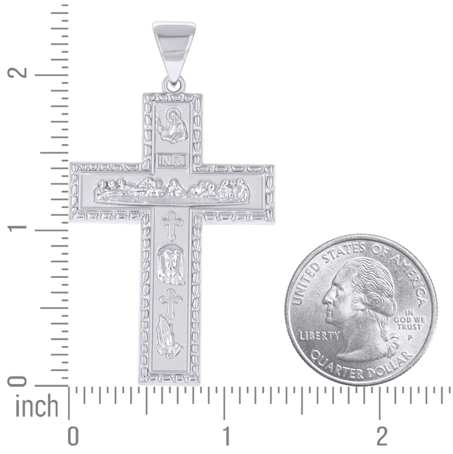 Sterling Silver Mens St. Barbara Last Supper Jesus Praying Hands INRI Cross Religious Pendant