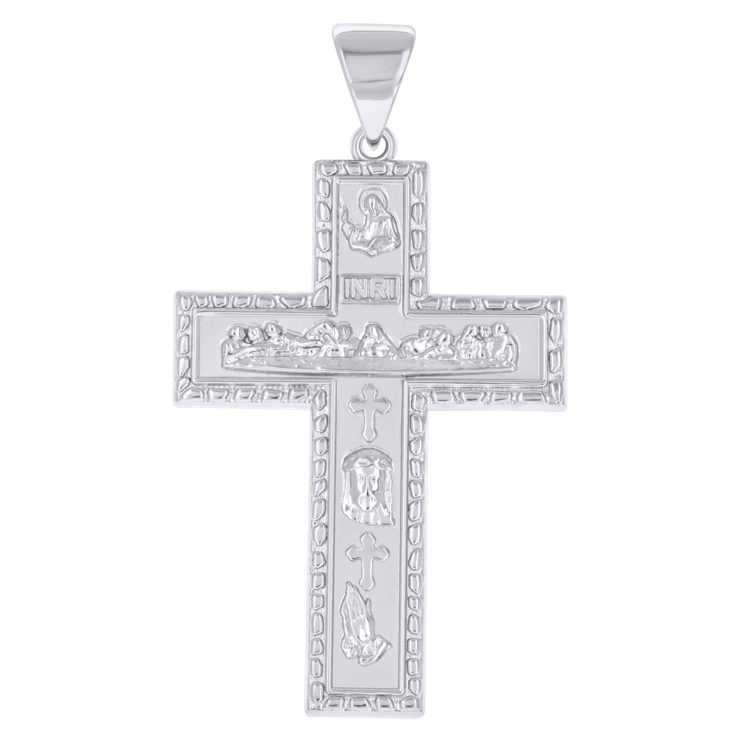 Sterling Silver Mens St. Barbara Last Supper Jesus Praying Hands INRI Cross Religious Pendant