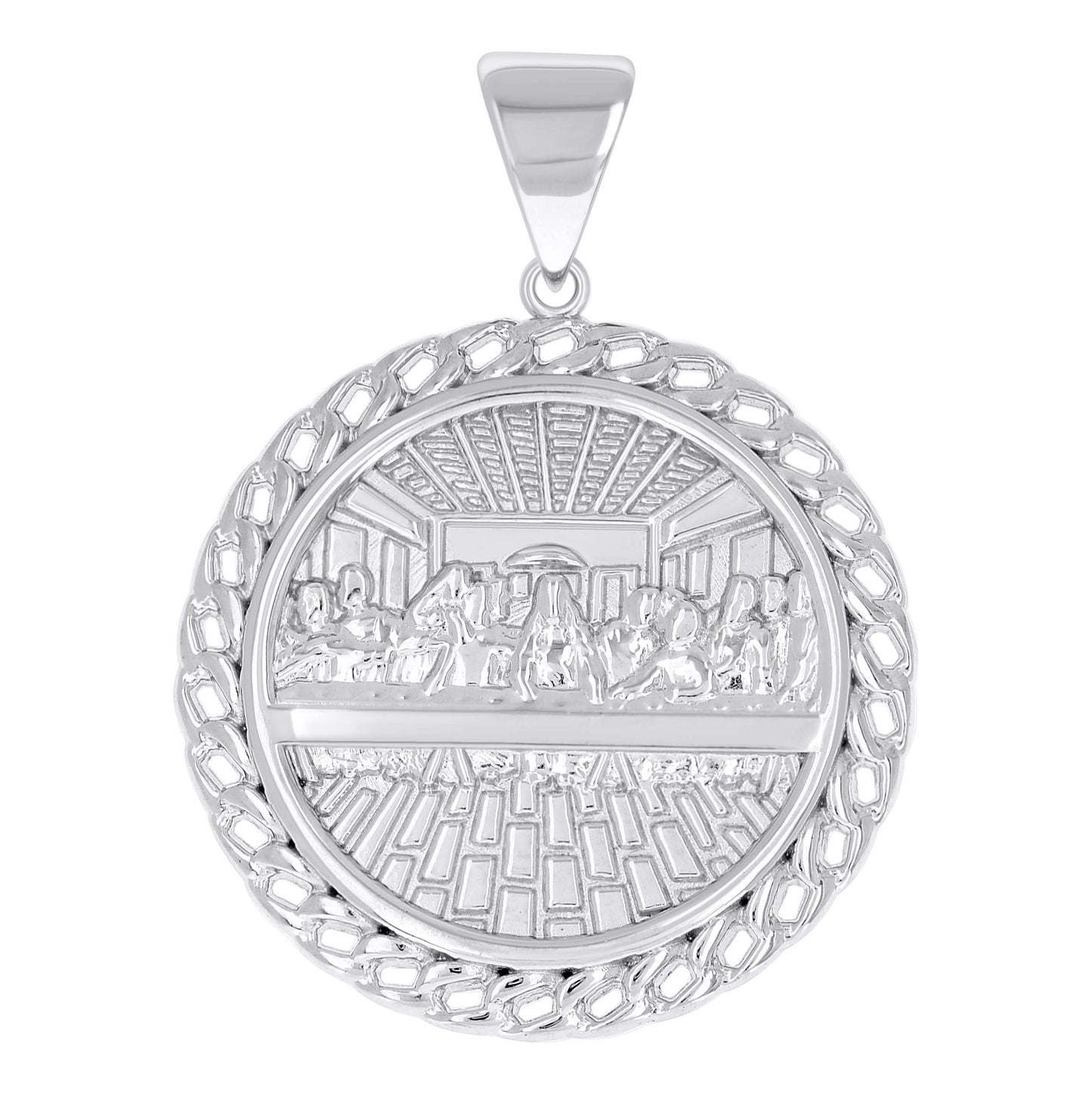Sterling Silver Mens Cuban Border Last Supper Religious Pendant
