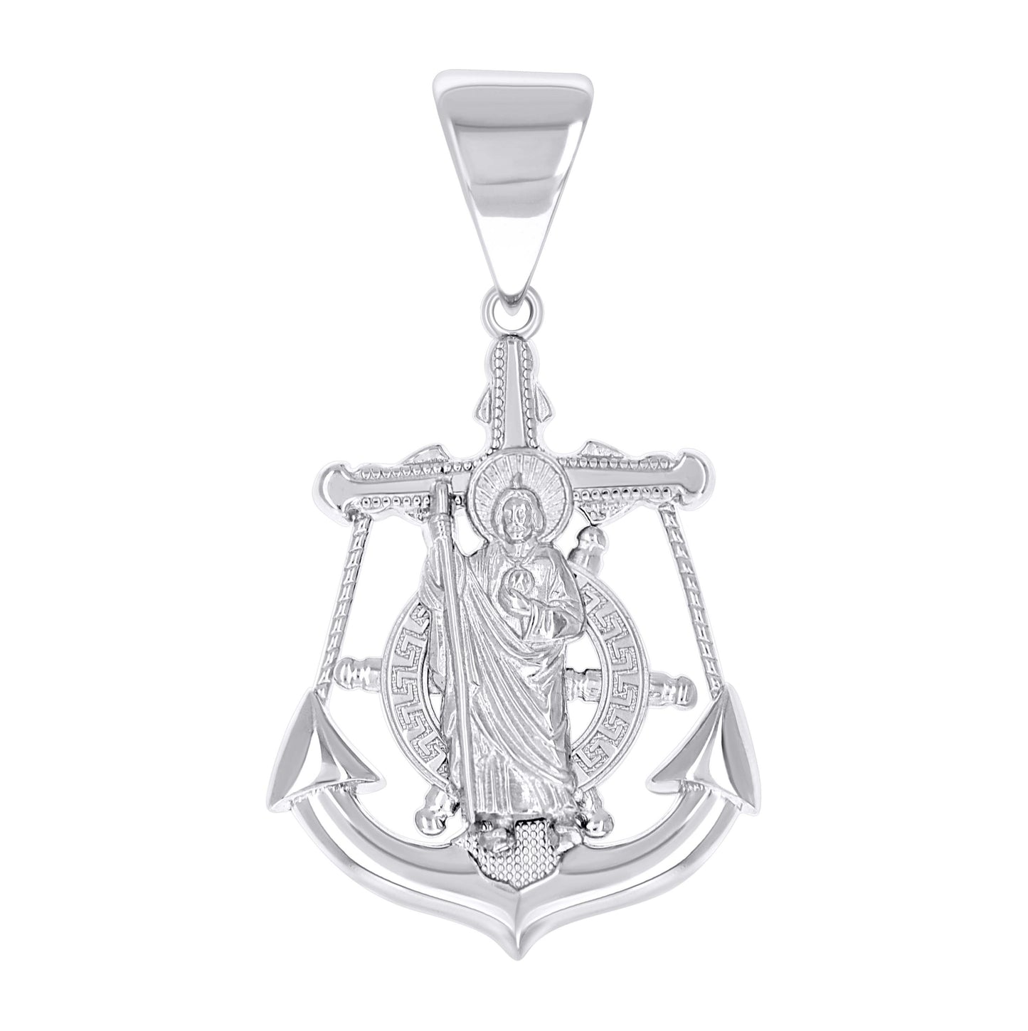 Sterling Silver Mens Greek Key Anchor Ship Wheel St, Jude Cross Religious Pendant