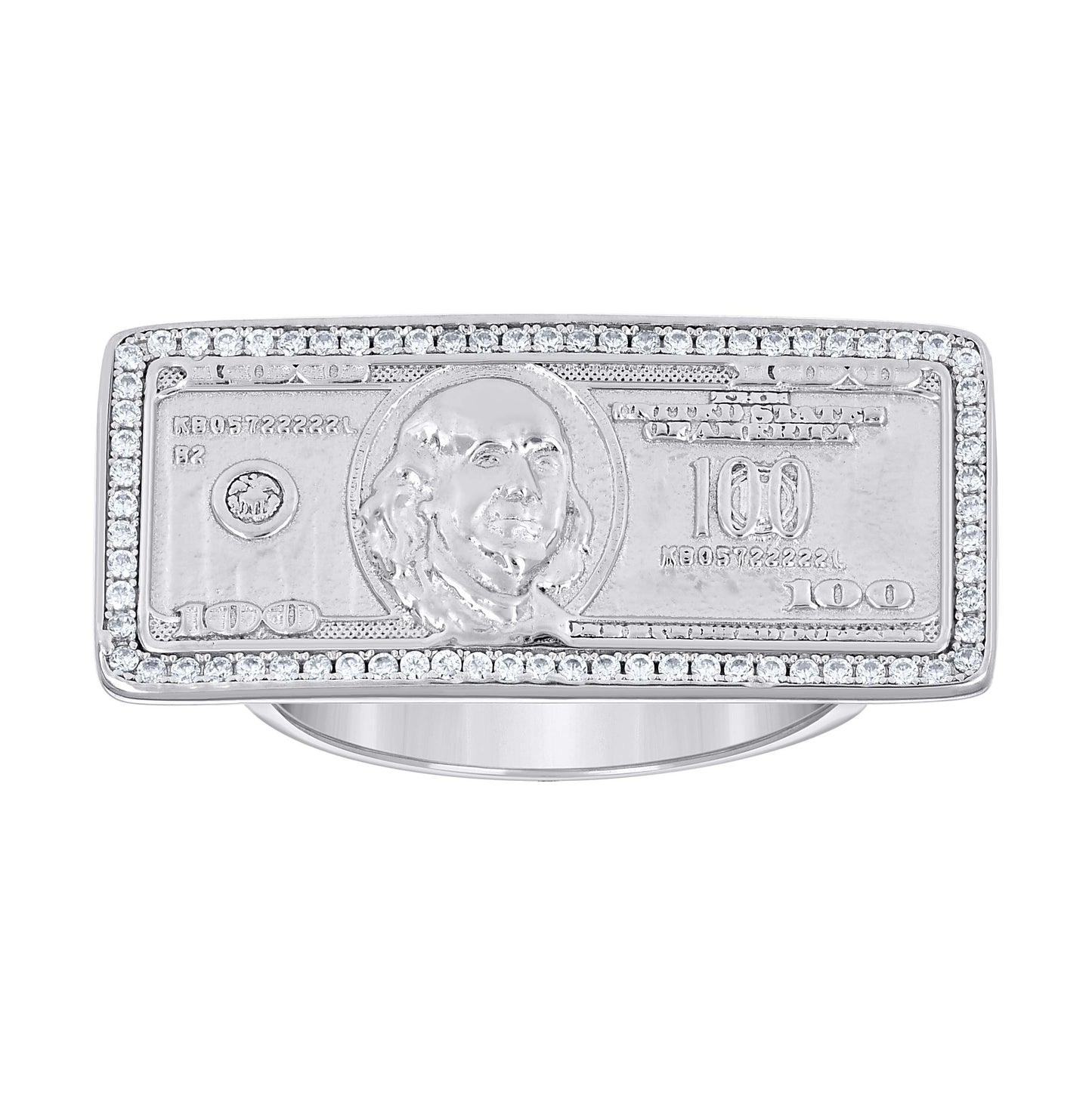 Sterling Silver Mens Cubic-Zirconia 100 Dollar Bill Currency Fashion Bridal Anniversary Wedding Engagement Band Ring