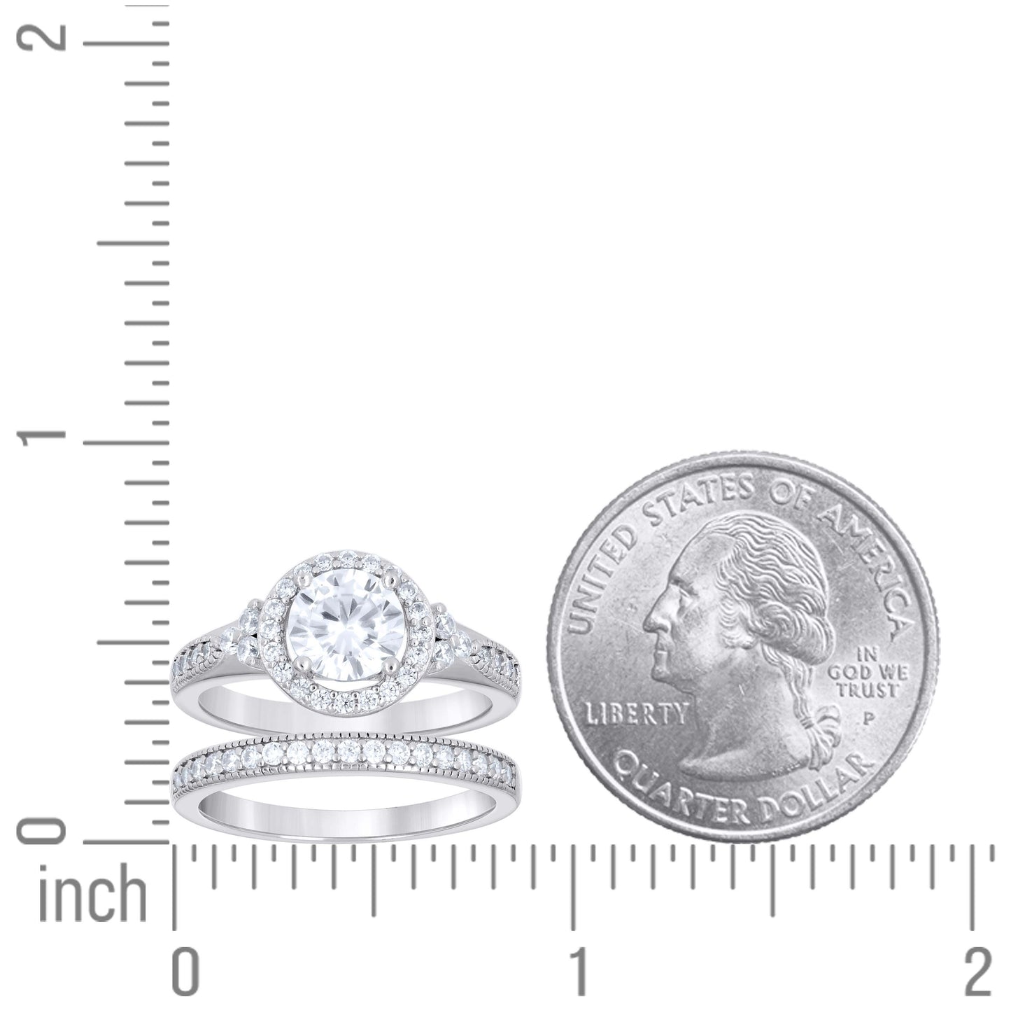 Sterling Silver Womens Cubic-Zirconia Halo Duo Bridal Anniversary Wedding Engagement Band Ring Set