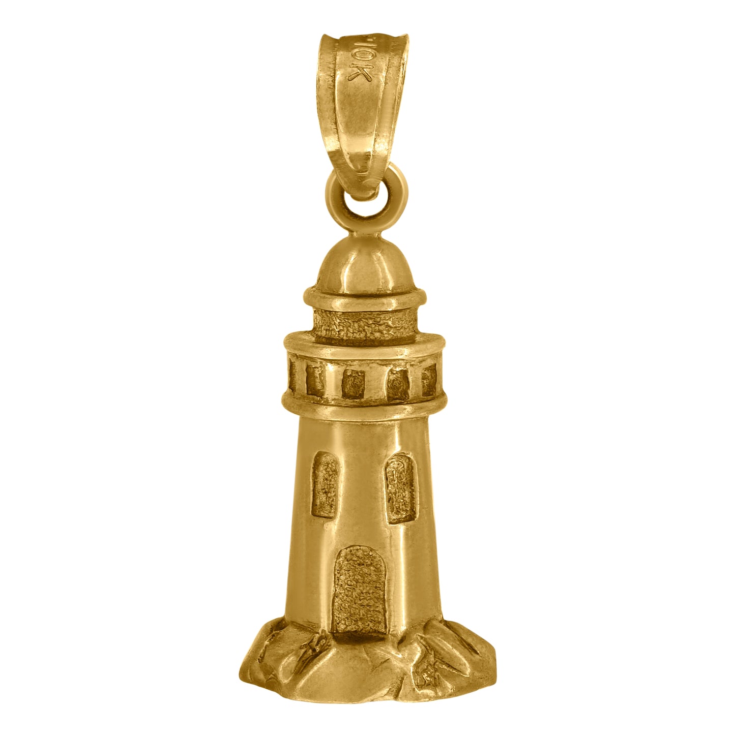 10K Yellow Gold Unisex Textured Lighthouse Charm Pendant