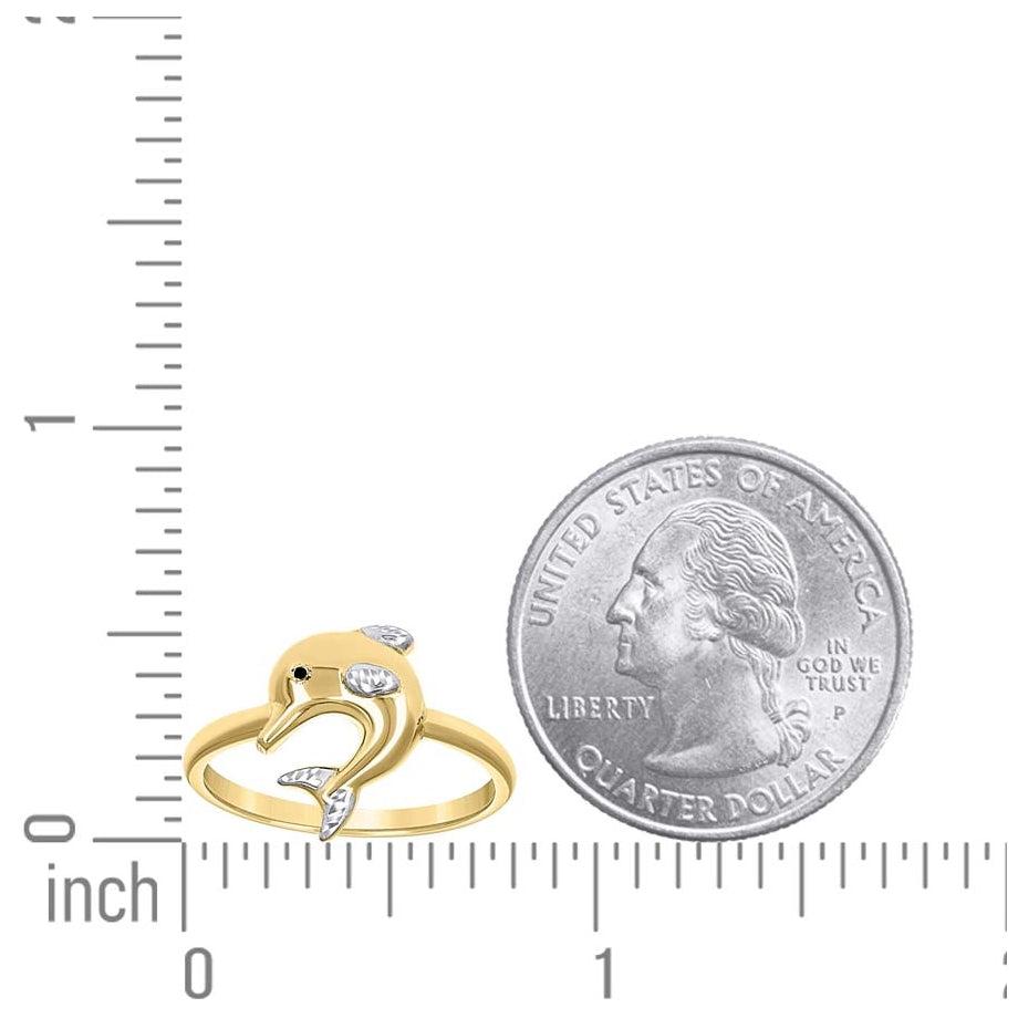 14K Two-Tone Gold Womens Enameled Dolphin Ocean Life Ring