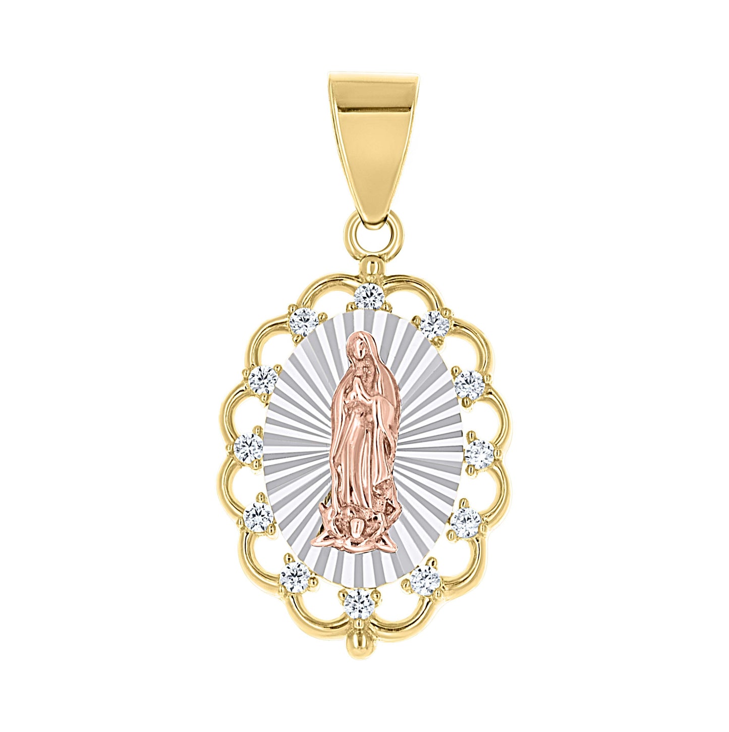 10K Tri-Color Gold Unisex Cubic-Zirconia Guadalupe Religious Pendant
