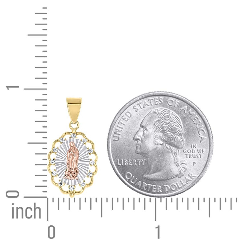 14K Tri-Color Gold Unisex Cubic-Zirconia Guadalupe Religious Pendant