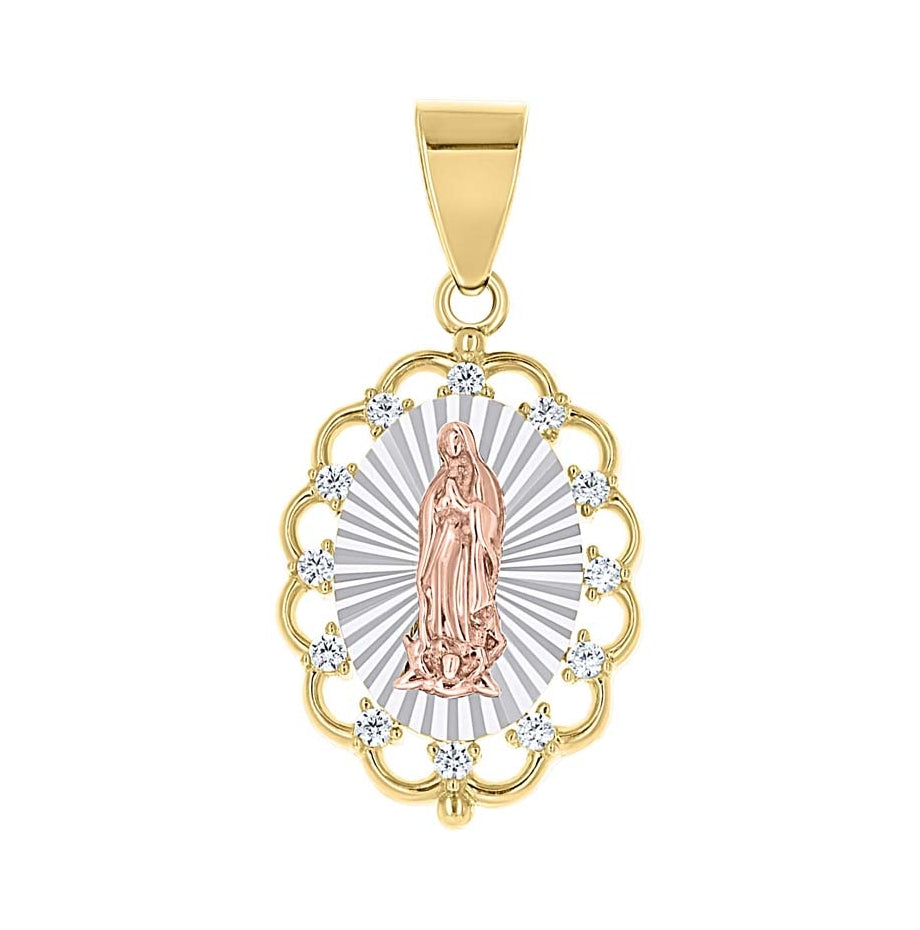 14K Tri-Color Gold Unisex Cubic-Zirconia Guadalupe Religious Pendant