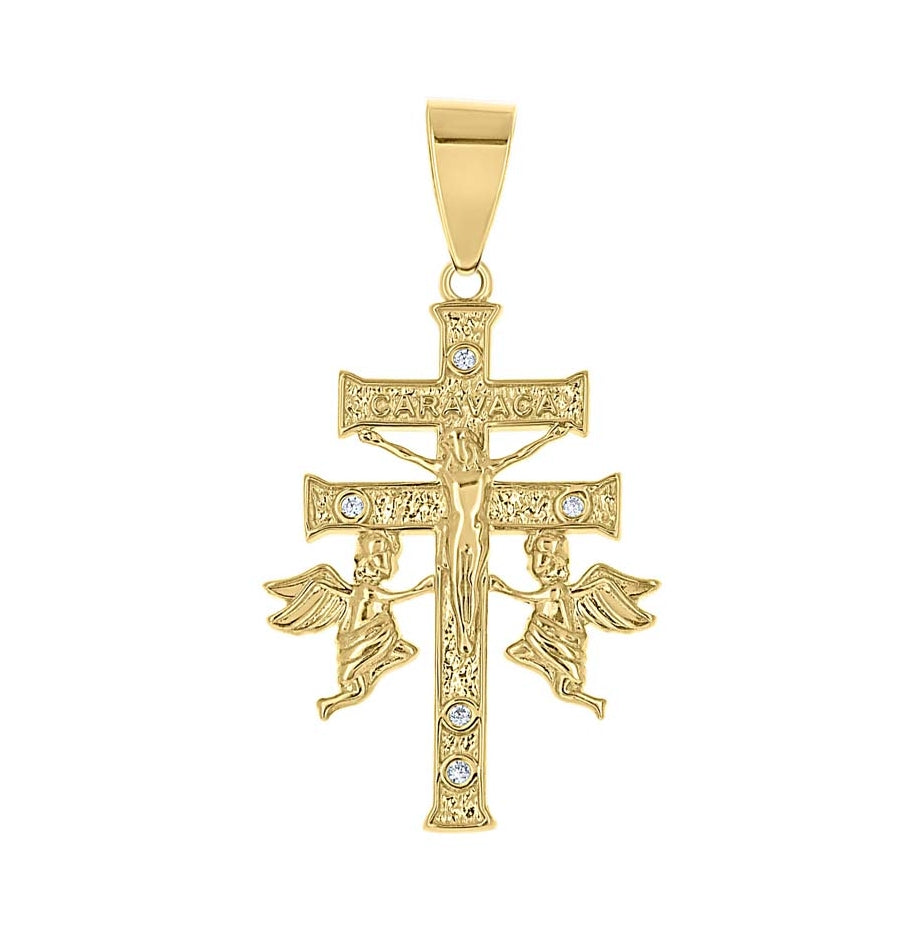14K Yellow Gold Unisex Cubic-Zirconia Caravaca Cross Religious Pendant