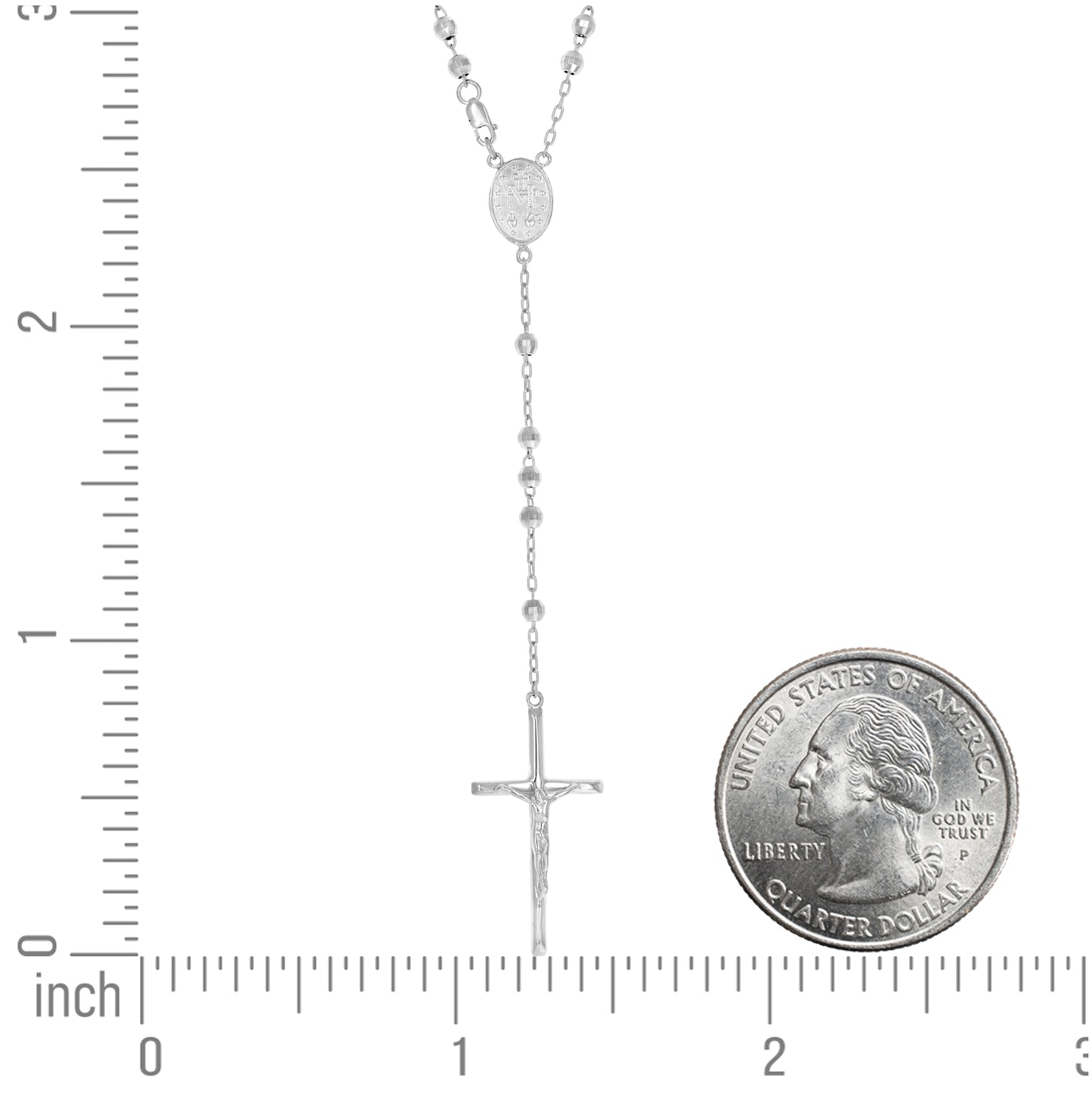 Sterling Silver Rhodium Plated Unisex Guadalupe Crucifix Cross Religious Rosary Necklace 4Mm