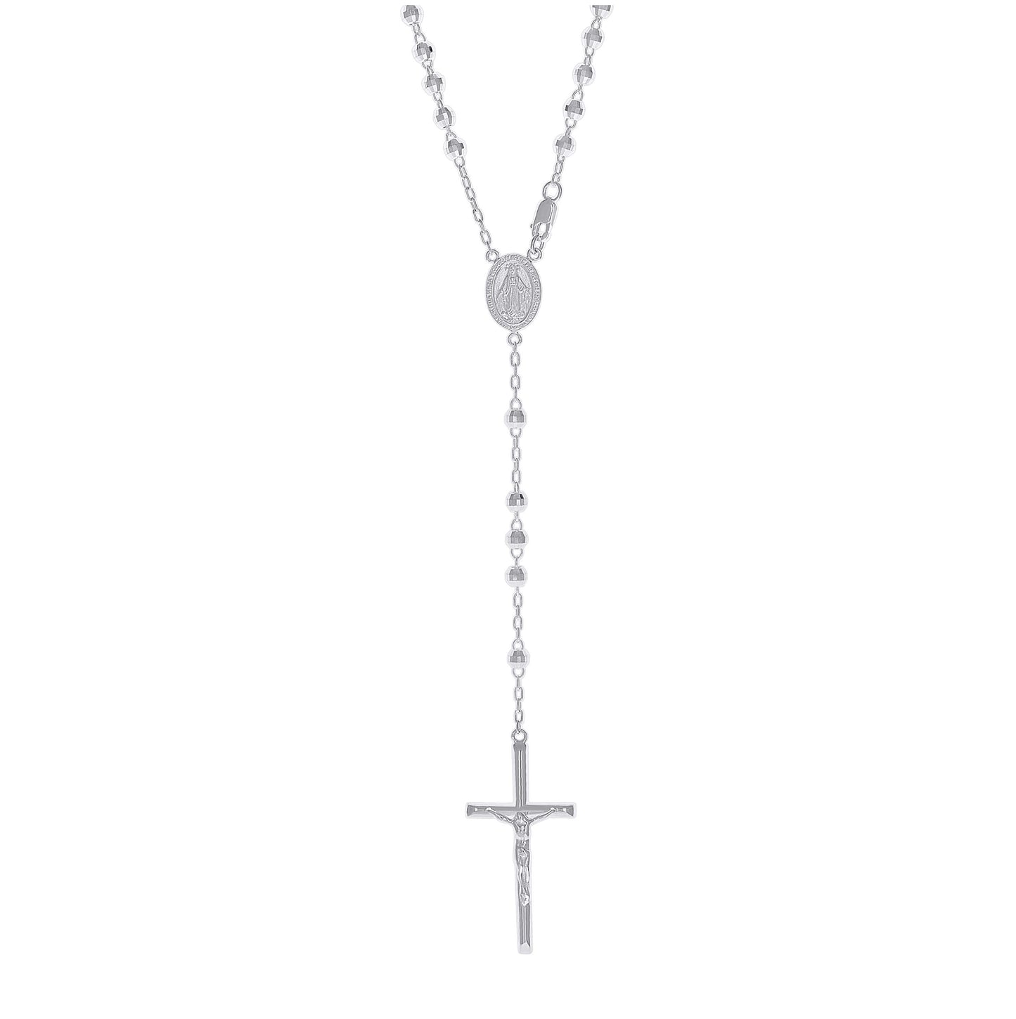 Sterling Silver Rhodium Plated Unisex Guadalupe Crucifix Cross Religious Rosary Necklace 4Mm