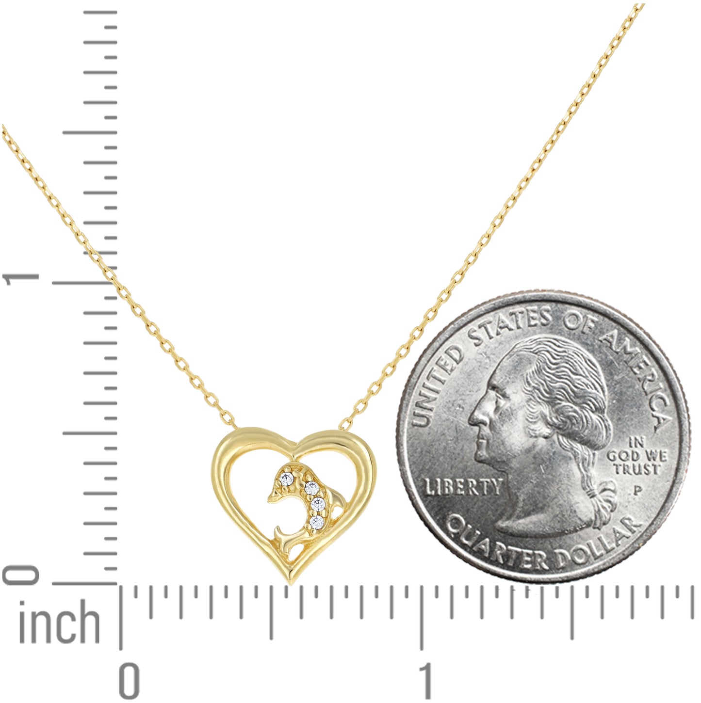 14K Yellow Gold Womens Cubic-Zirconia Dolphin Heart Love Necklace 18 Inches