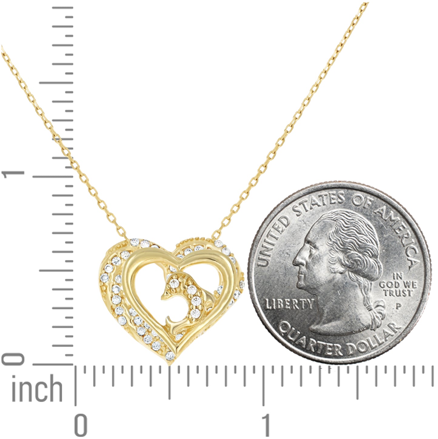 14K Yellow Gold Womens Cubic-Zirconia Dolphin Heart Love Necklace 18 Inches