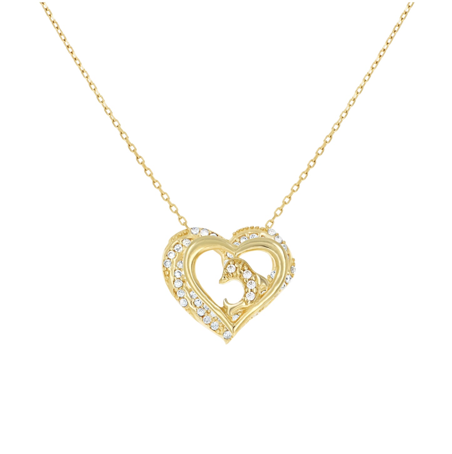 14K Yellow Gold Womens Cubic-Zirconia Dolphin Heart Love Necklace 18 Inches